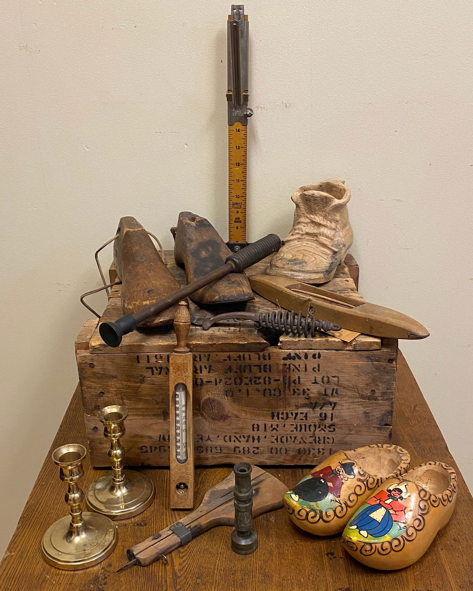 Wooden Box with Miscellaneous Old Items - Carved Boat, Wood Shoes, Thermometer, Candlesticks, Etc. -: Wooden Box with Miscellaneous Old Items - Carved Boat, Wood Shoes, Thermometer, Candlesticks, Etc. - Absolutely NO Shipping