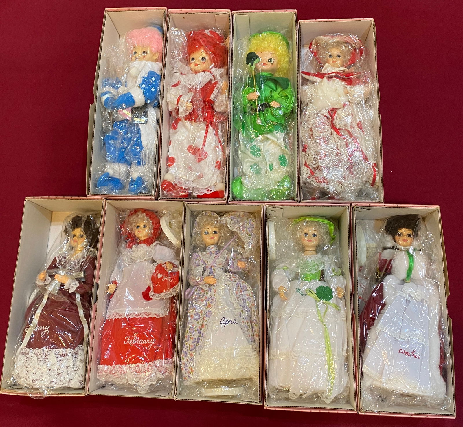 Vintage Birthday Month Dolls in Boxes - Clowns and Girls - Each Doll Box Approx 13"x5"x4": Vintage Birthday Month Dolls in Boxes - Clowns and Girls - Each Doll Box Approx 13"x5"x4"