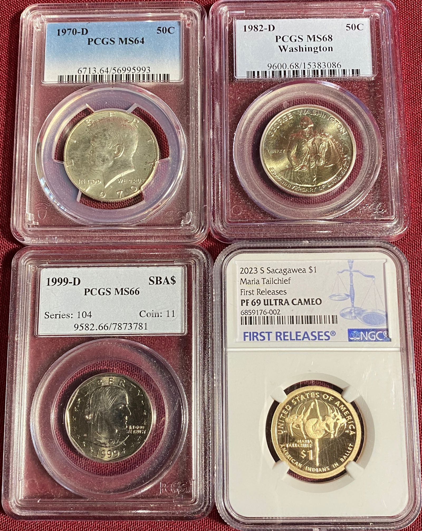 Four Graded Coins - 1970-D Kennedy Half - MS64 by PCGS, 1982-D Washington Half - MS68 by PCGS, (1 of 5)