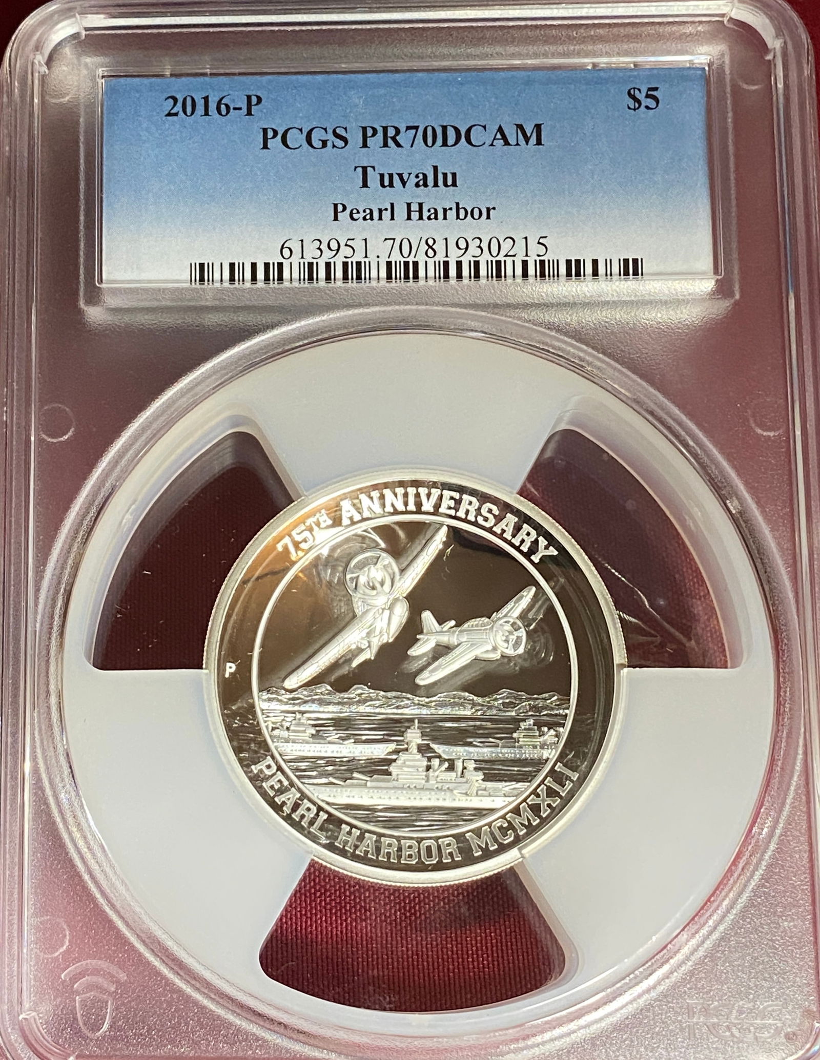 Graded 2016-P Five Ounce .999 Fine Silver Tuvalu $5 Coin - Pearl Harbor 75th Anniversary - PR70DCAM (1 of 3)