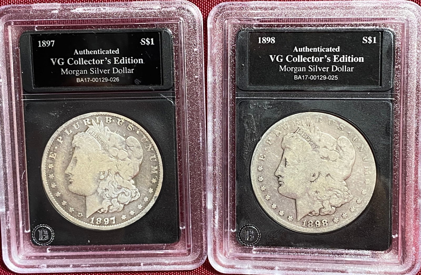 Two Morgan Silver Dollars - 1897-O & 1898-S - Authenticated - VG Collector's Edition (1 of 5)