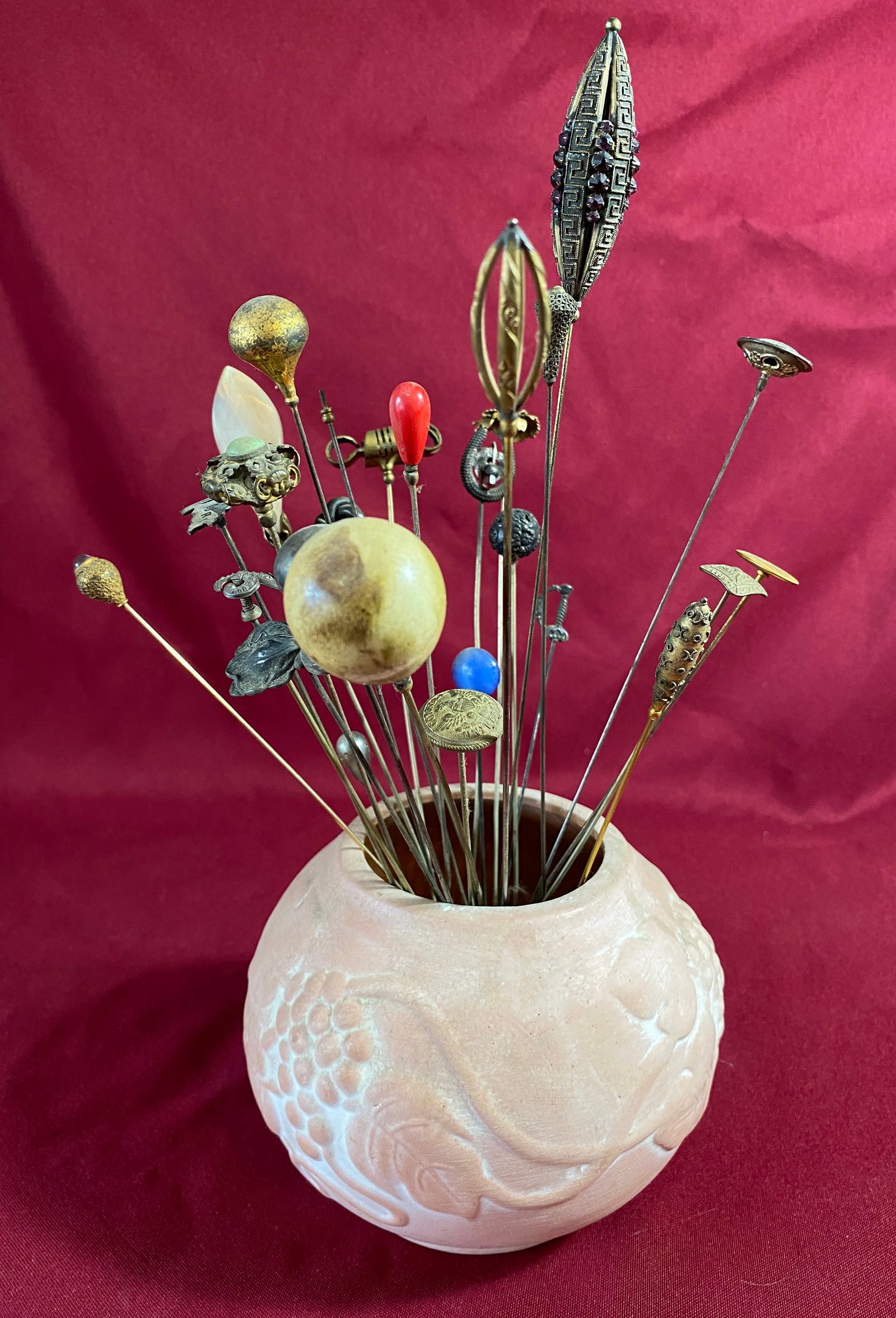 Antique, Victorian, and Older Hat/Stick Pins in Redware Planter: Antique, Victorian, and Older Hat/Stick Pins in Redware Planter