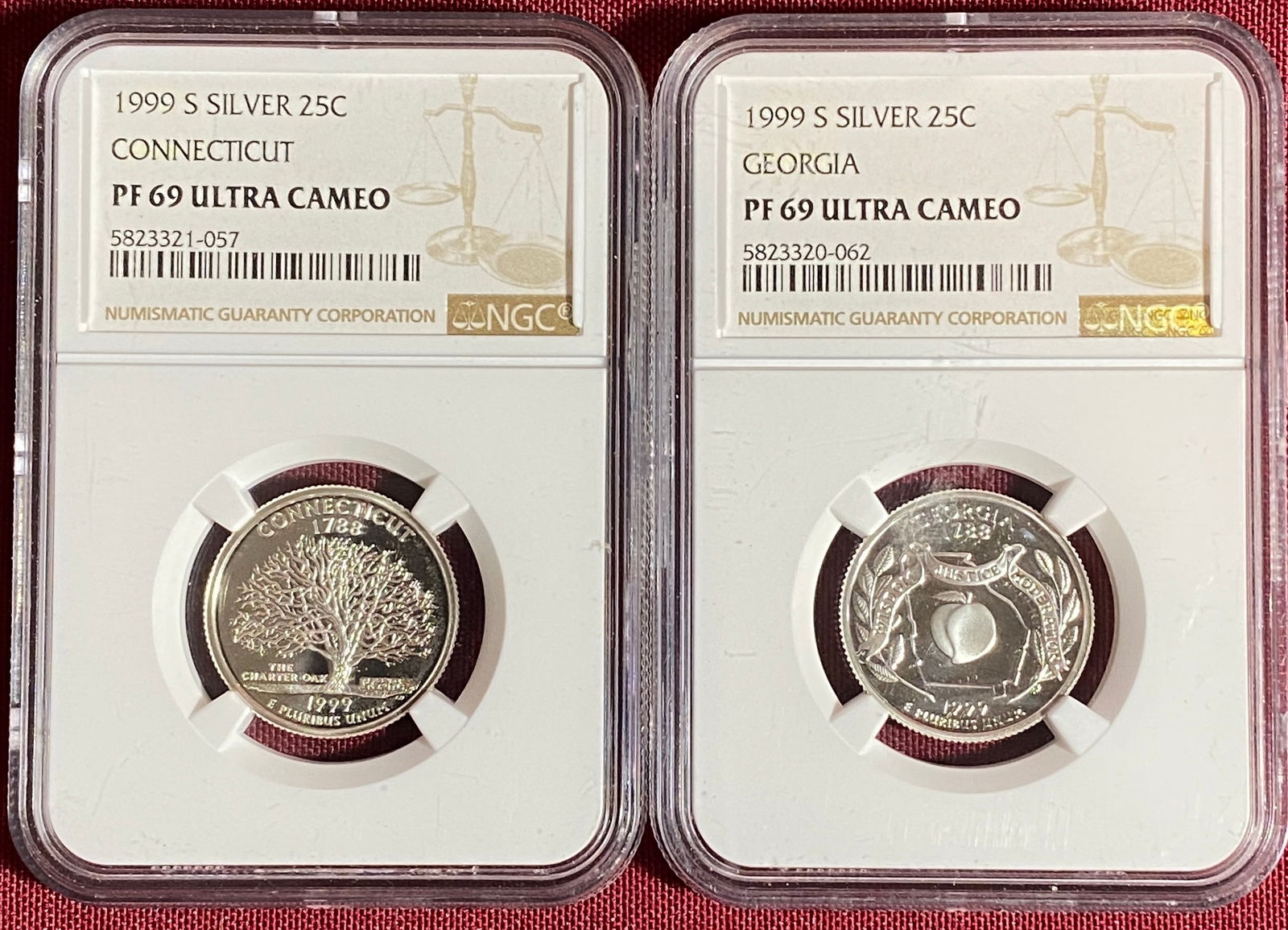 Two NGC Graded PF69 Ultra Cameo Silver Quarters - 1999-S Connecticut & 1999-S Georgia (1 of 3)