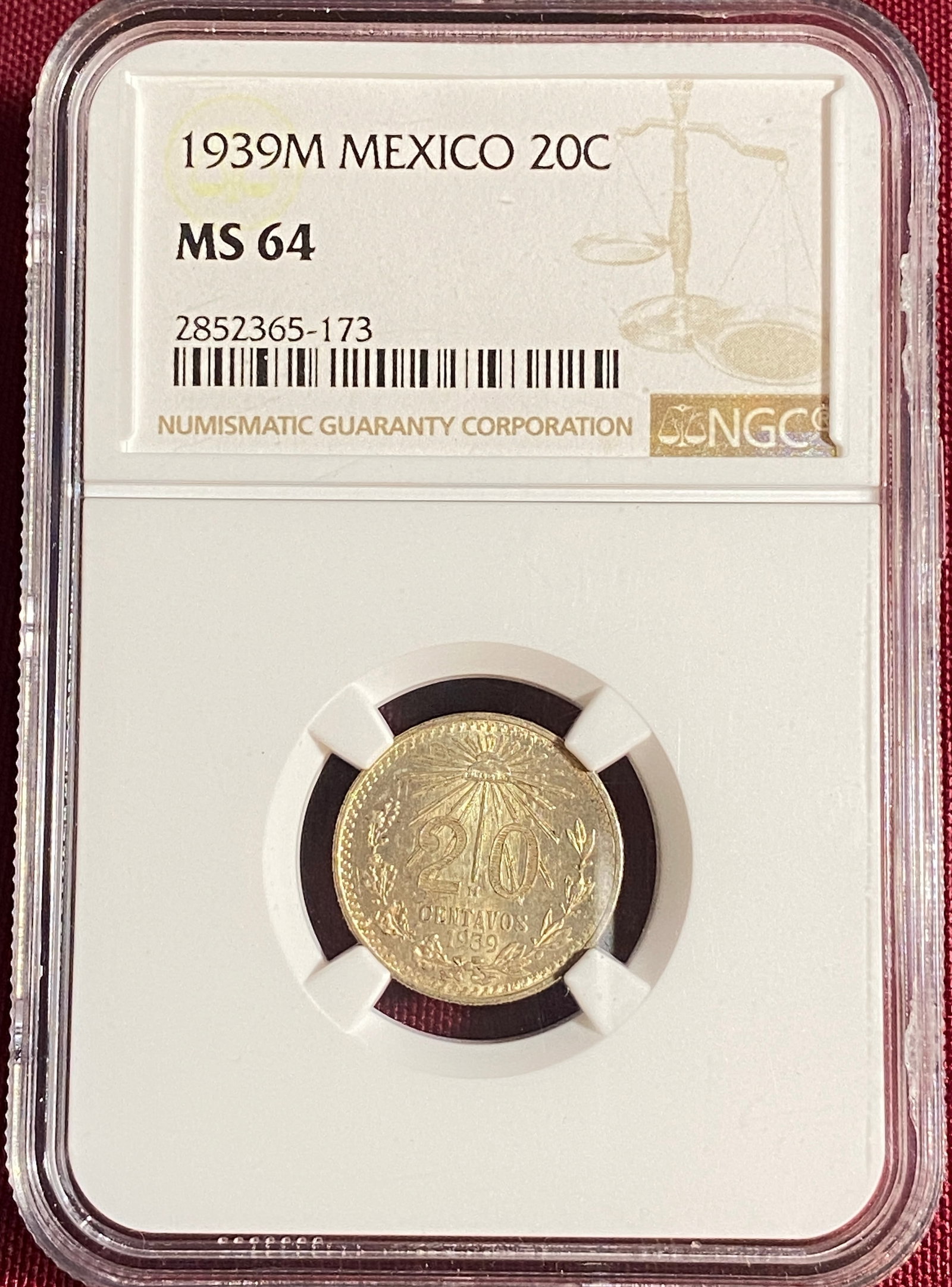 Graded 1939-M Mexico 20 Centavos - MS64 by NGC (1 of 3)