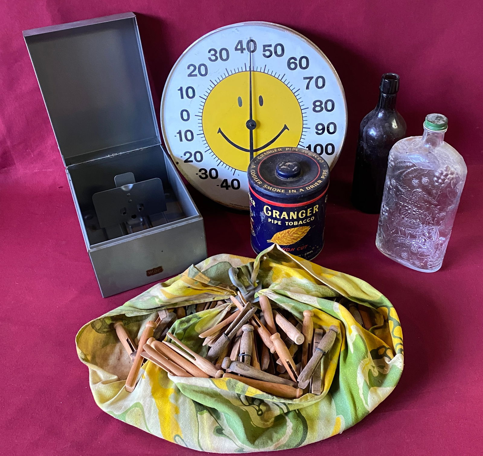 Thermometer, Old Bottles, Tobacco Tin, Clothes Pins - Absolutely NO Shipping (1 of 6)