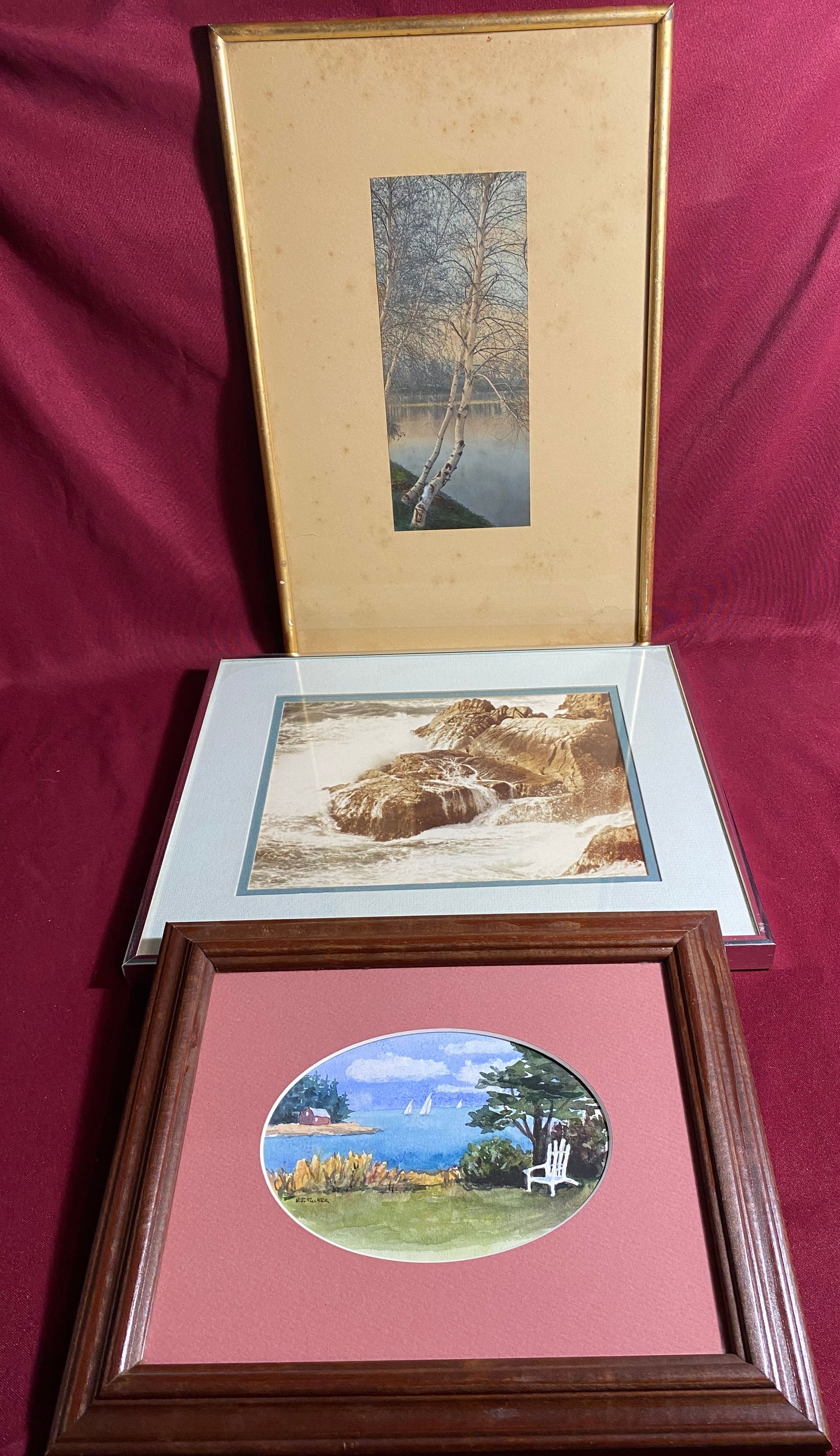 Three Framed Pieces of Art - Watercolor - B.J. Tucker, Prints - William Plante & Wallace Nutting: Three Framed Pieces of Art - Watercolor - B.J. Tucker, Prints - William Plante & Wallace Nutting with Spots on the Matte
