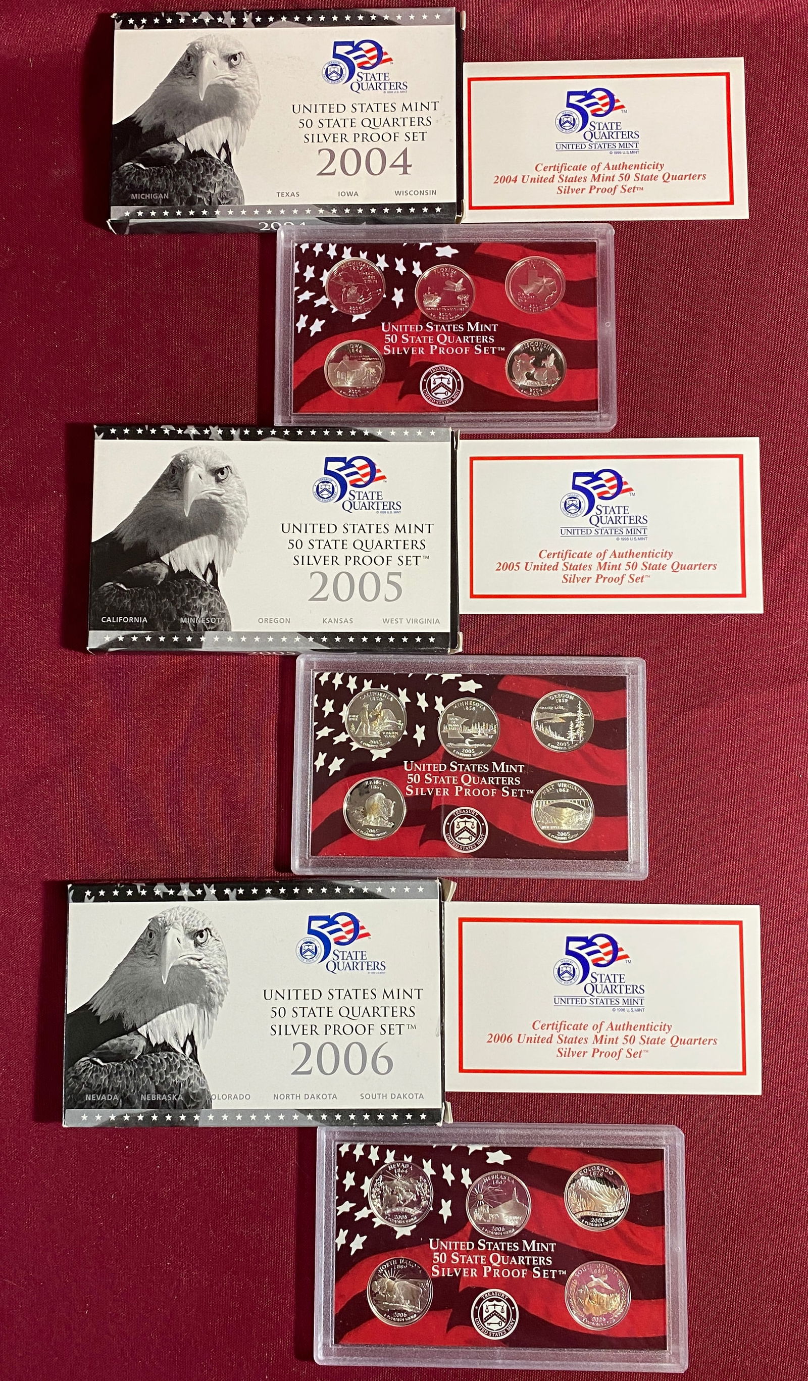 Three U.S. Mint Silver State Quarter Proof Sets - 2004, 2005, 2006 (1 of 3)