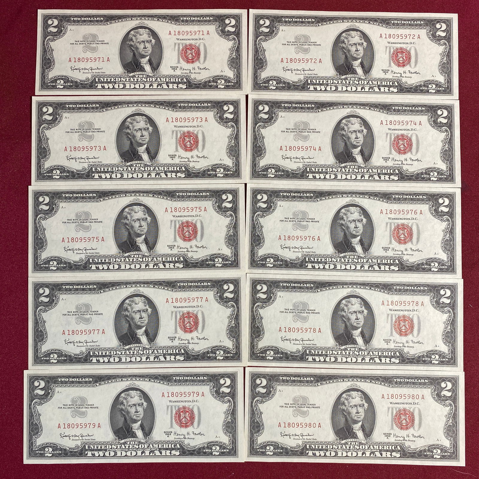 Ten 1963 Two Dollar Red Notes in Sequential Order - Series 1963A (1 of 5)