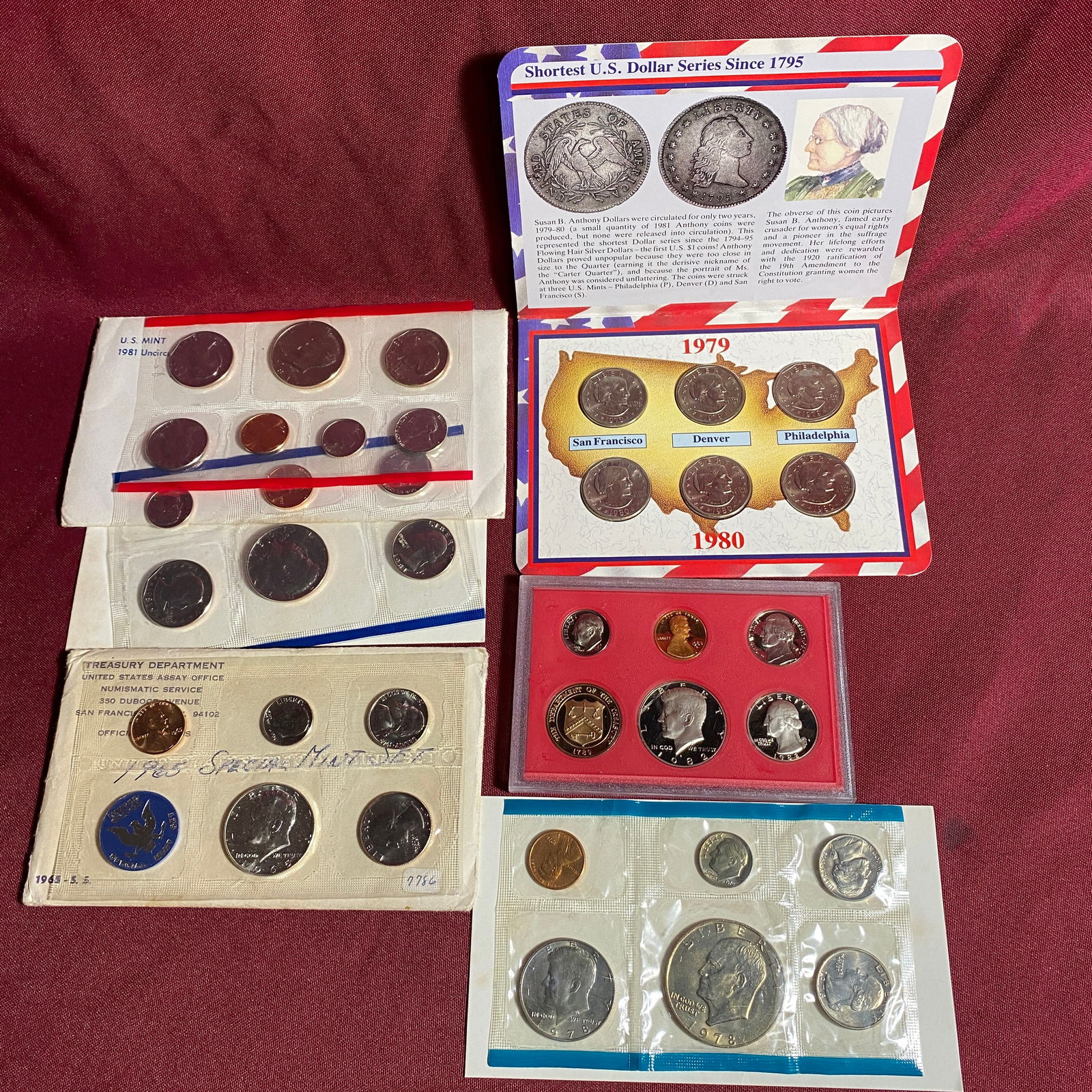 Five U.S. Mint Uncirculated Coin Sets - 1965, Susan B. Anthony, 1978, 1981, 1982 (1 of 7)