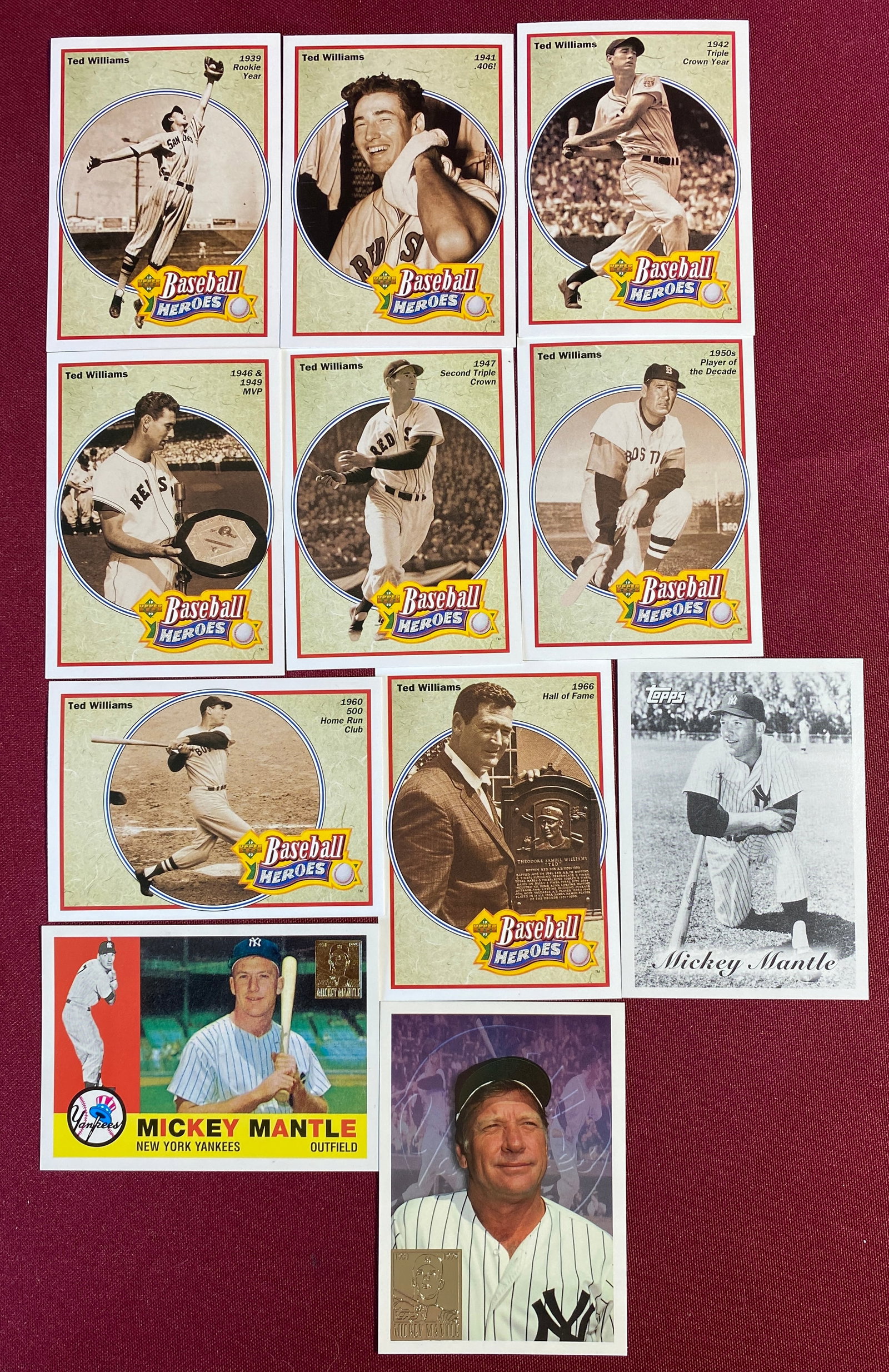 Eleven Collectible Baseball Cards - (3) 1996 TOPPS Mickey Mantle, (8) 1991 Upper Deck Heroes 28-35 (1 of 7)