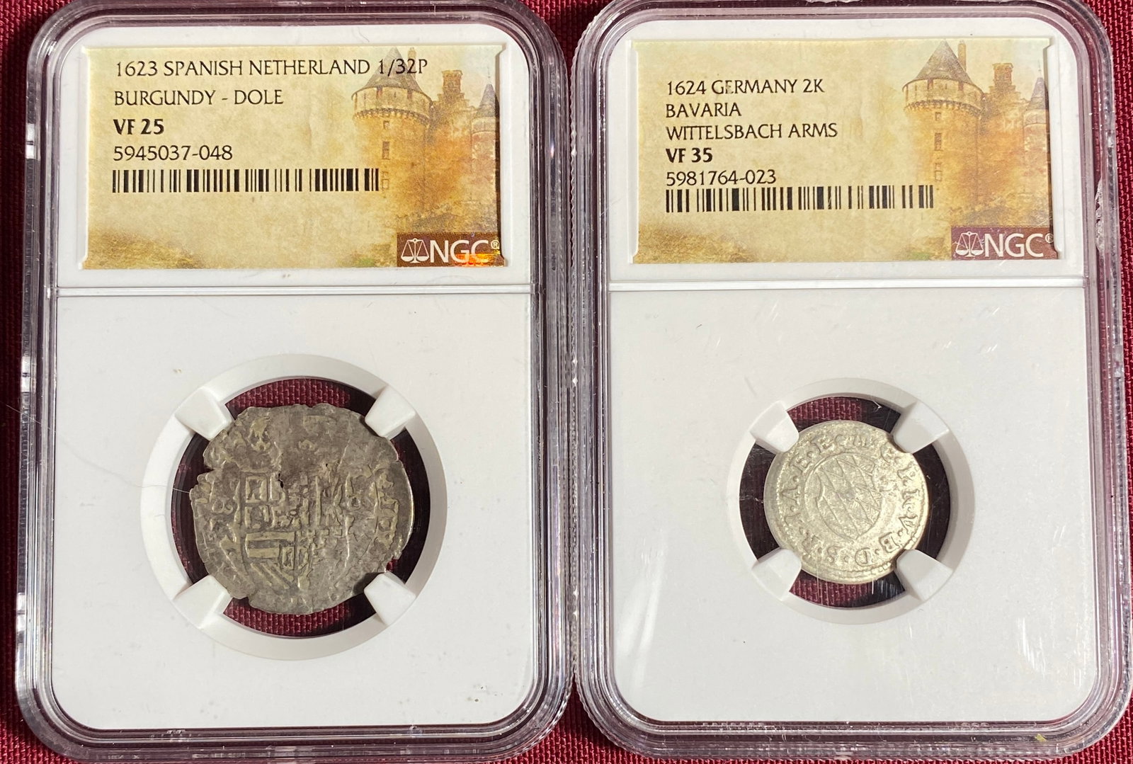 Two NGC Graded Coins - 1623 Spanish Netherlands 1/32 Burgundy-Dole VF25 & 1624 Germany 2K Bavaria: Two NGC Graded Coins - 1623 Spanish Netherlands 1/32 Burgundy-Dole VF25 & 1624 Germany 2K Bavaria Wittle Bach Arms VF35
