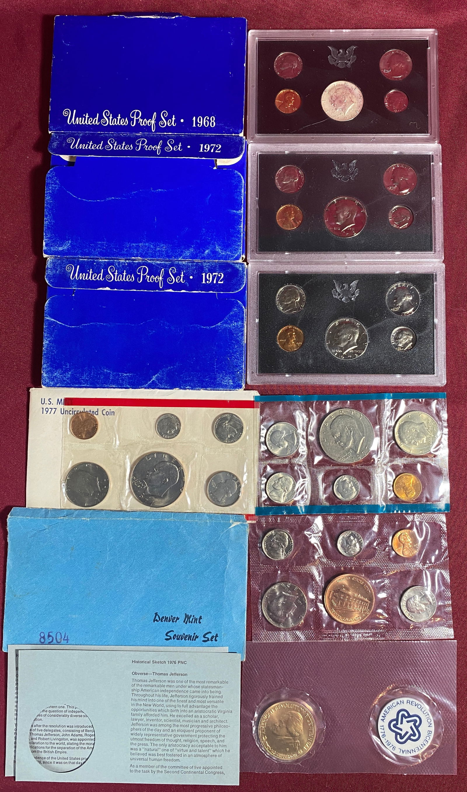 Assorted Coin Sets - Proof Sets (1968, (2) 1972, 1977), 1985 Denver Mint Souvenir Set, Bicentennial (1 of 7)