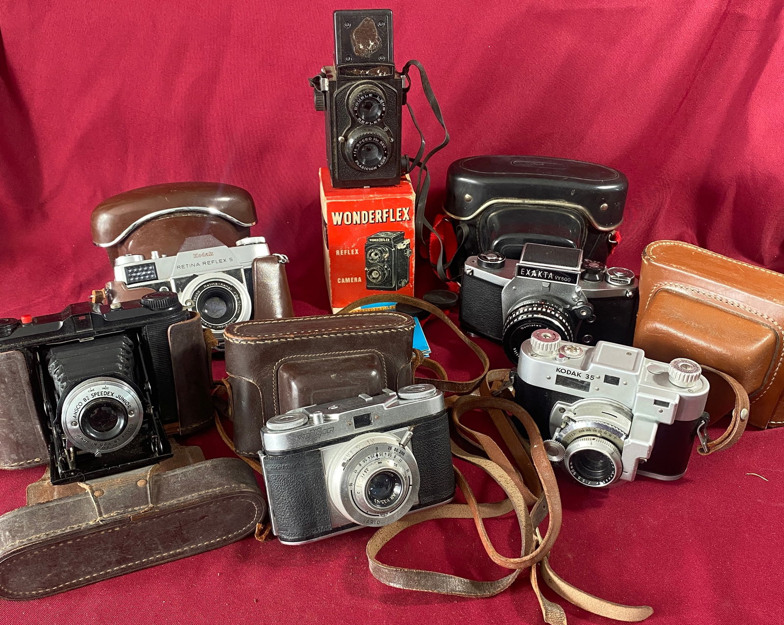 Large Lot Vintage Cameras - ANSCO BZ Speedex Junior, Exakta VX500, Wonderflex, Kodak Retina Reflex, (1 of 8)