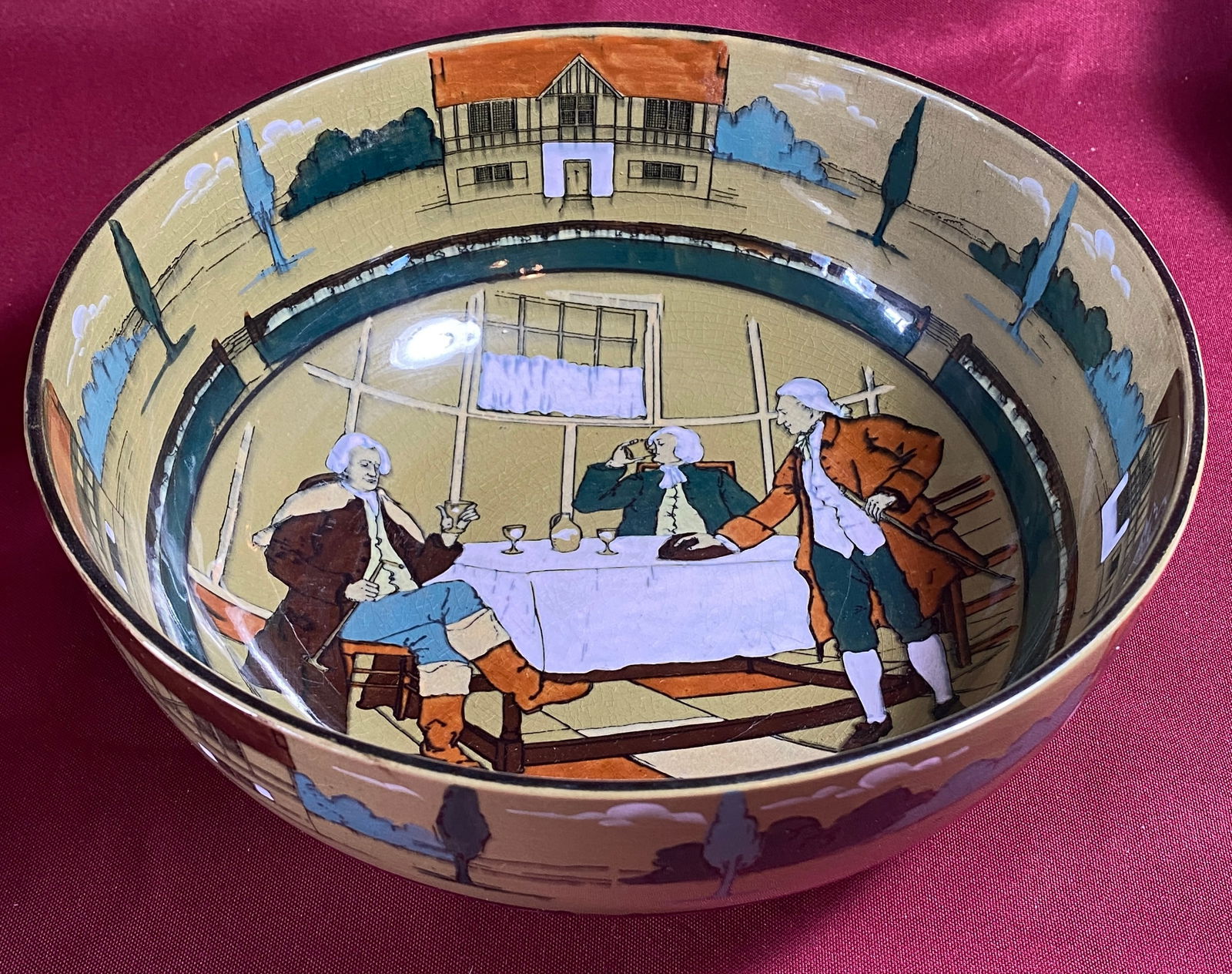 Buffalo Pottery 9" Serving Bowl - 'Ye Olden Days' - 'Ye Village Tavern' - Hand-Painted and Signed: Buffalo Pottery 9" Serving Bowl - 'Ye Olden Days' - 'Ye Village Tavern' - Hand-Painted and Signed