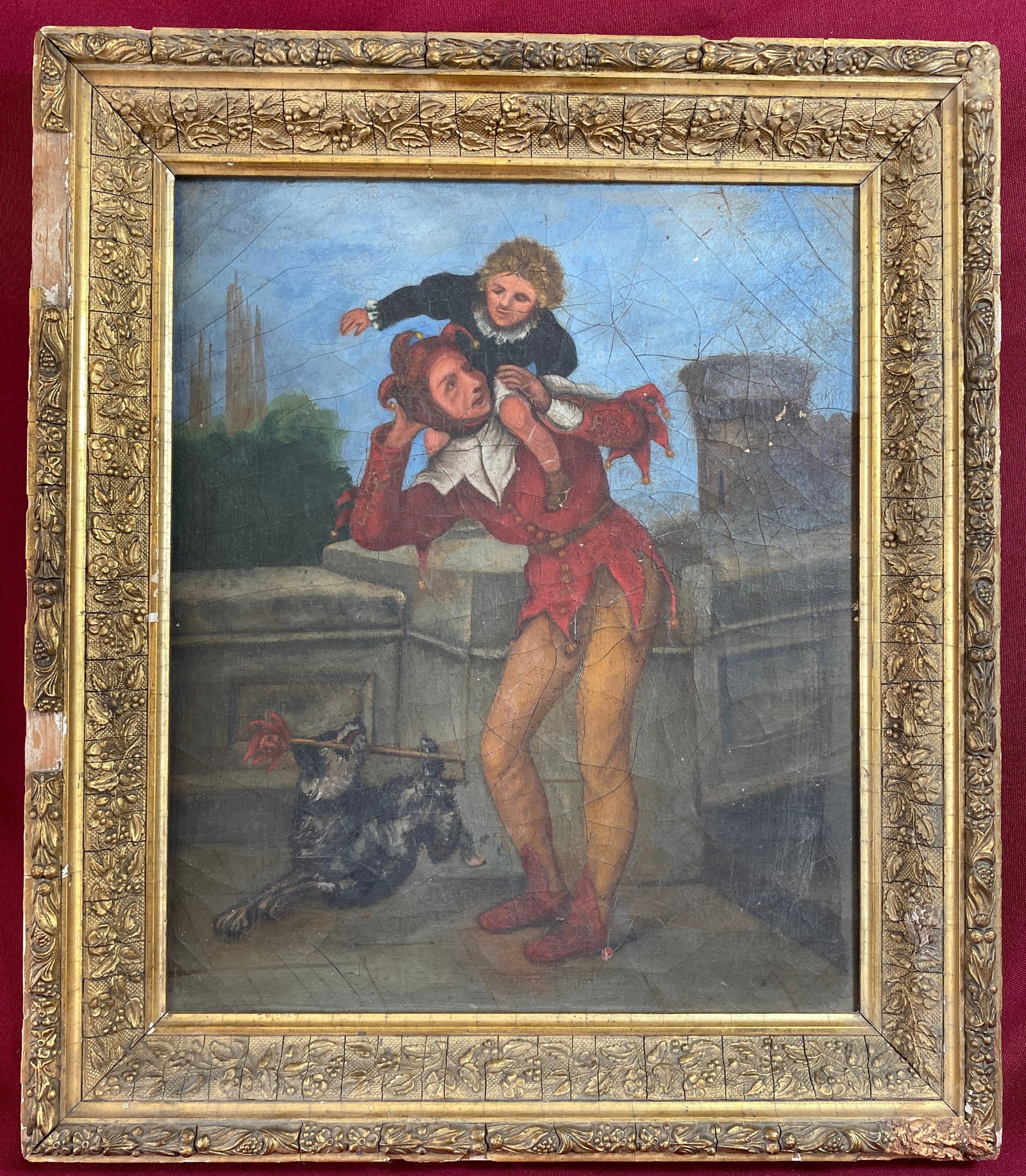 Antique Framed Oil on Canvas of Jester with Child & Dog - No Signature Found on Front - Condition as (1 of 8)