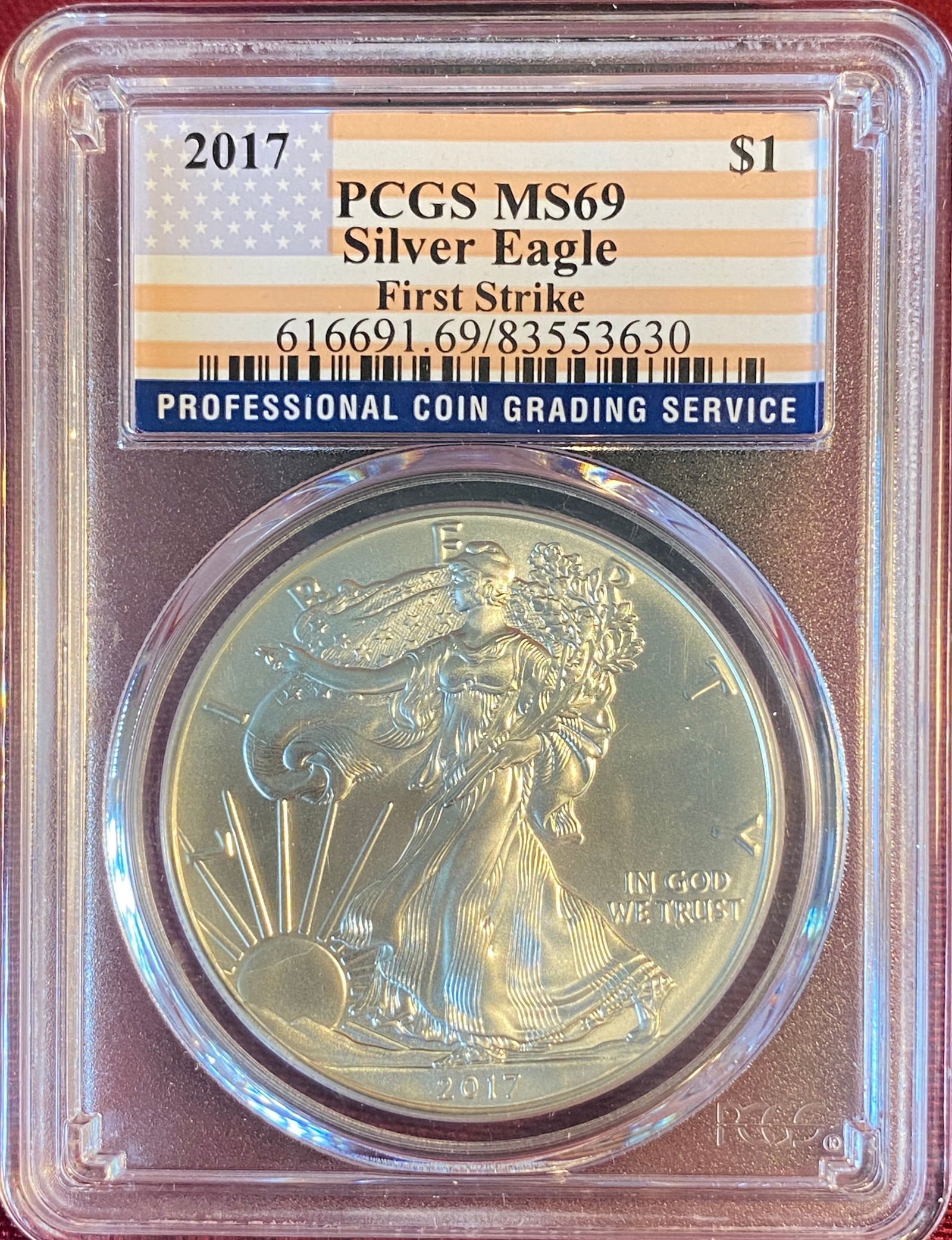 Graded 2017 One Ounce .999 Fine Silver Eagle - MS69 by PCGS: Graded 2017 One Ounce .999 Fine Silver Eagle - MS69 by PCGS