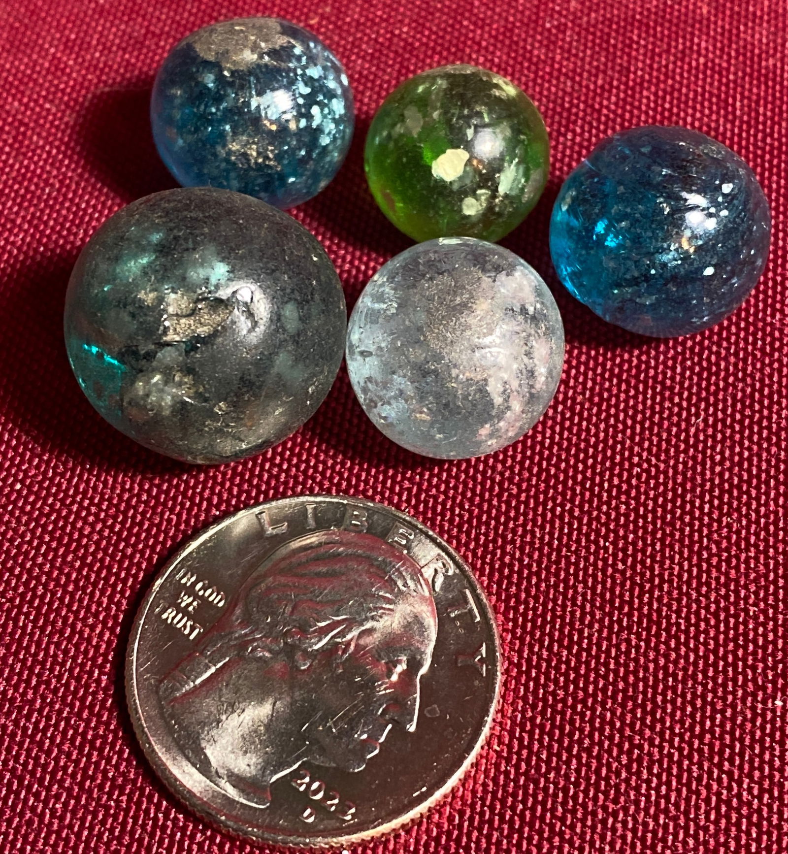 Five Older Glass Marbles - Some with Mica Flecks - Various Sizes: Five Older Glass Marbles - Some with Mica Flecks - Various Sizes