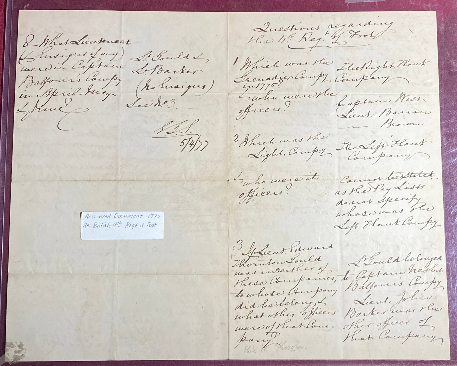 Early Document Date 5/4/77 Pertaining to the American Revolution - British 4th Regiment of Foot - (1 of 9)