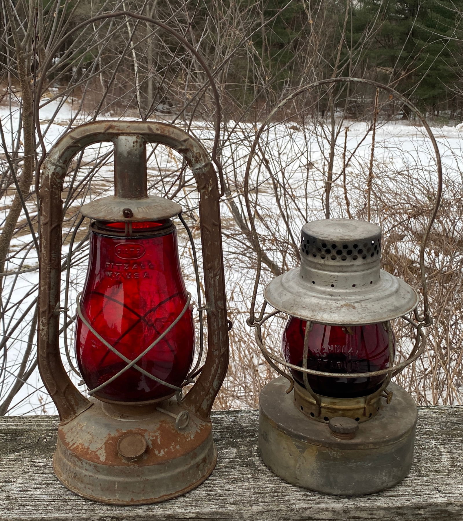 Two Lanterns with Red Globes - Dietz Monarch and Handlan - Absolutely NO Shipping: Two Lanterns with Red Globes - Dietz Monarch and Handlan - Absolutely NO Shipping