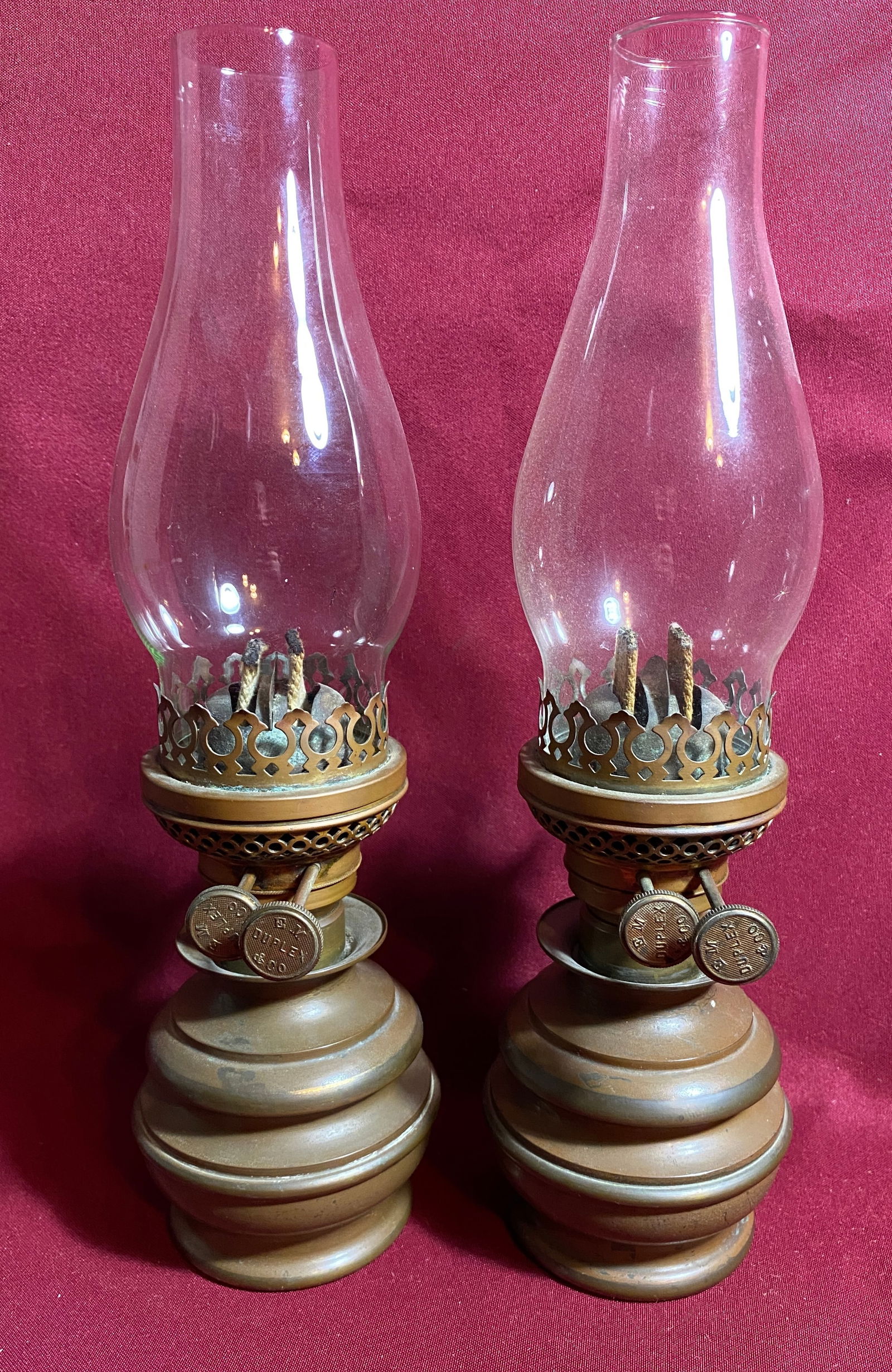 Pair of Early Oil Lamps - E.M. Duplex and Co. - 14"x4" - Absolutely NO Shipping: Pair of Early Oil Lamps - E.M. Duplex and Co. - 14"x4" - Absolutely NO Shipping