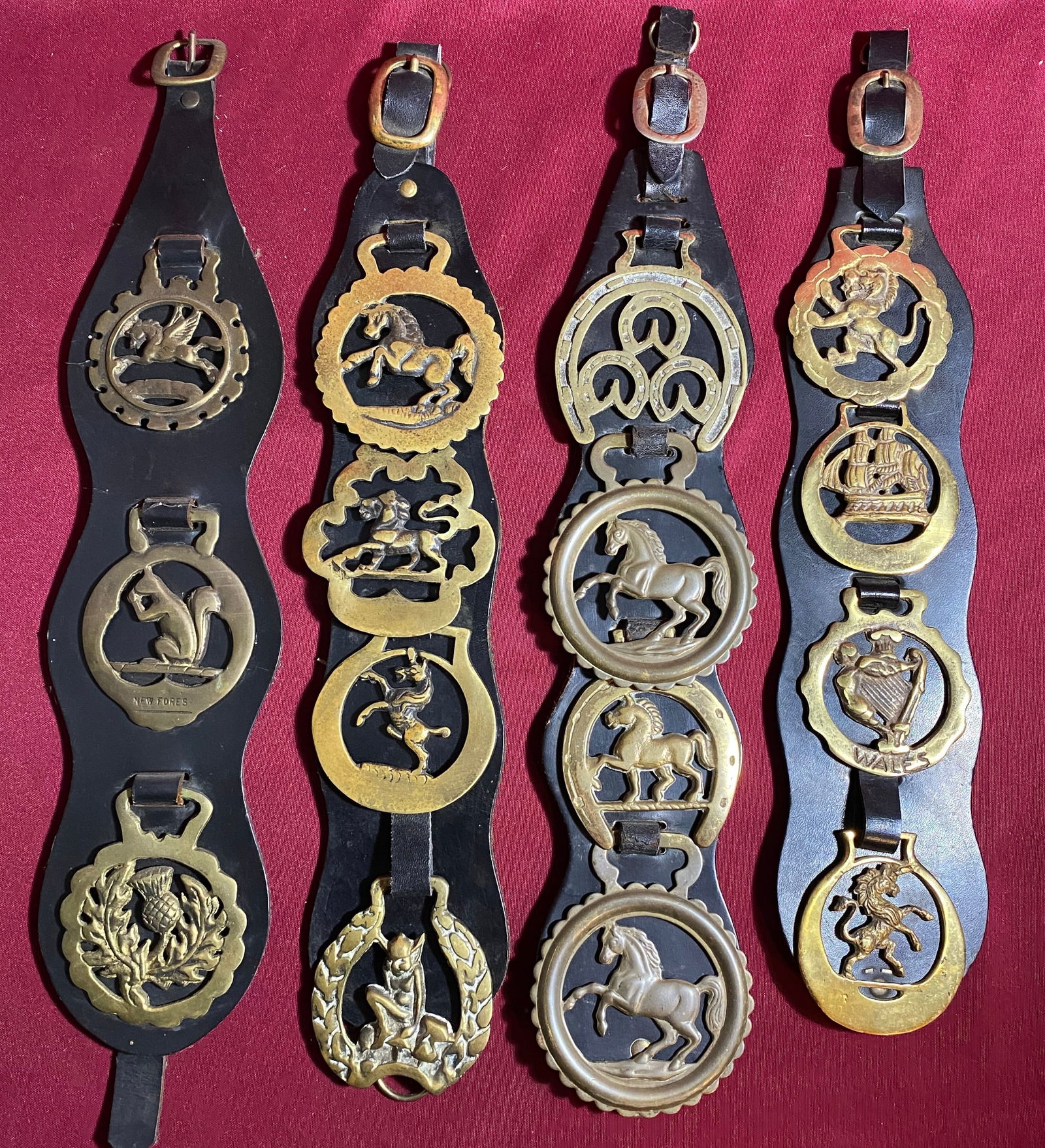 Four Leather Straps of Horse Brasses - Thistle, Harp, Ship, Elf(?), Etc. - New Forest and Other: Four Leather Straps of Horse Brasses - Thistle, Harp, Ship, Elf(?), Etc. - New Forest and Other Makers