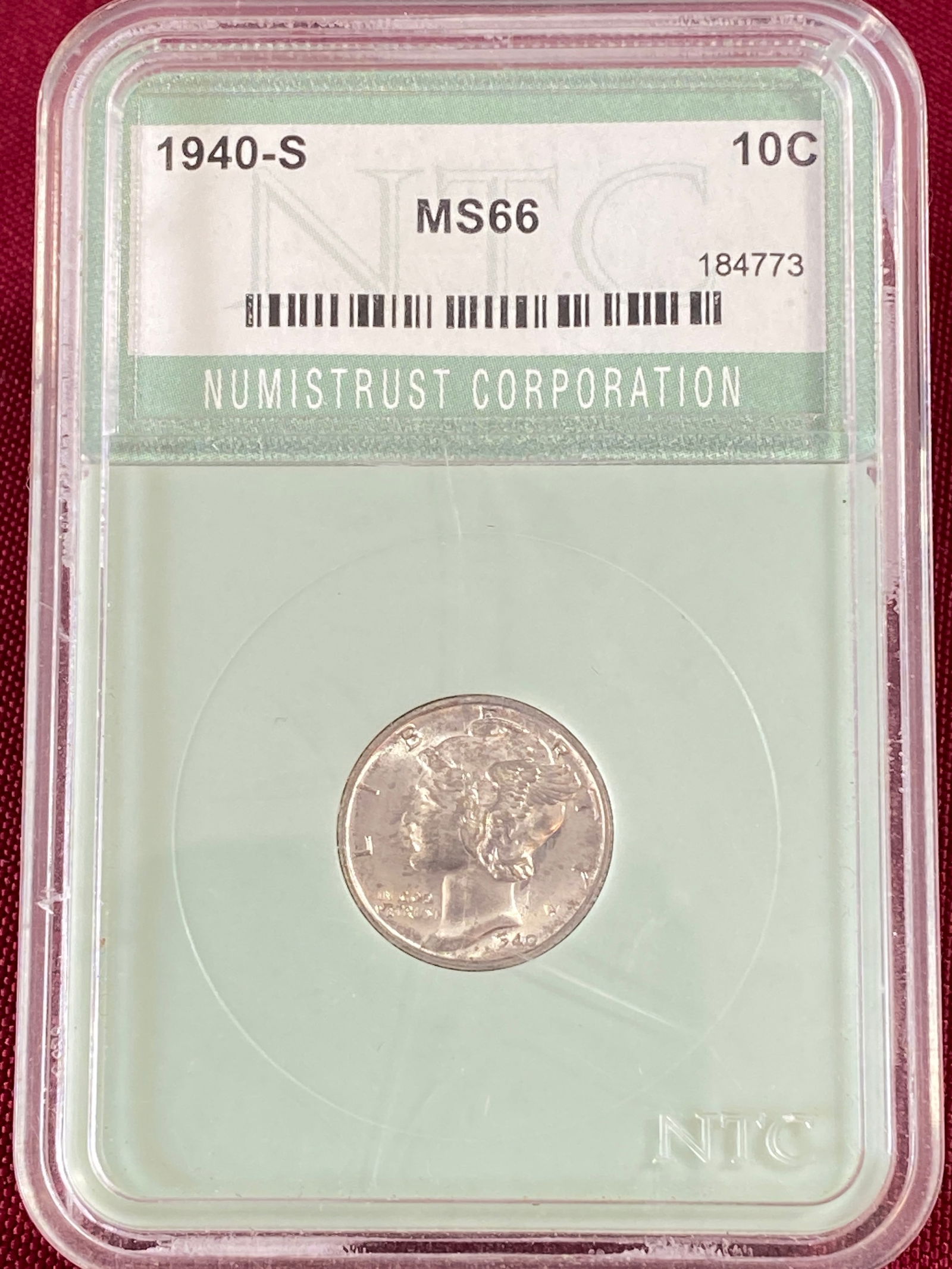 Graded 1940-S Mercury Silver Dime - MS66 by NTC: Graded 1940-S Mercury Silver Dime - MS66 by NTC