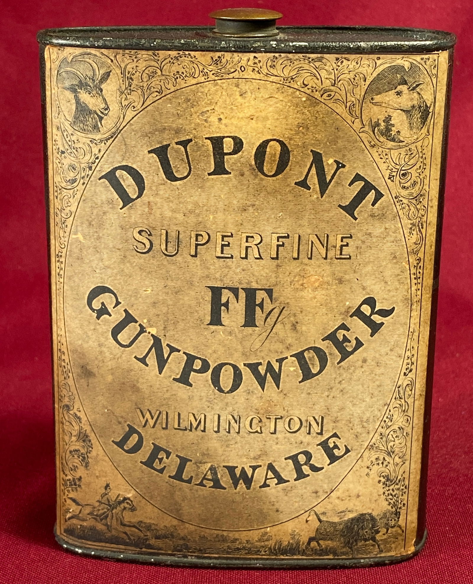 DuPont Superfine FFg Gunpowder Advertising Tin Flask: DuPont Superfine FFg Gunpowder Advertising Tin Flask