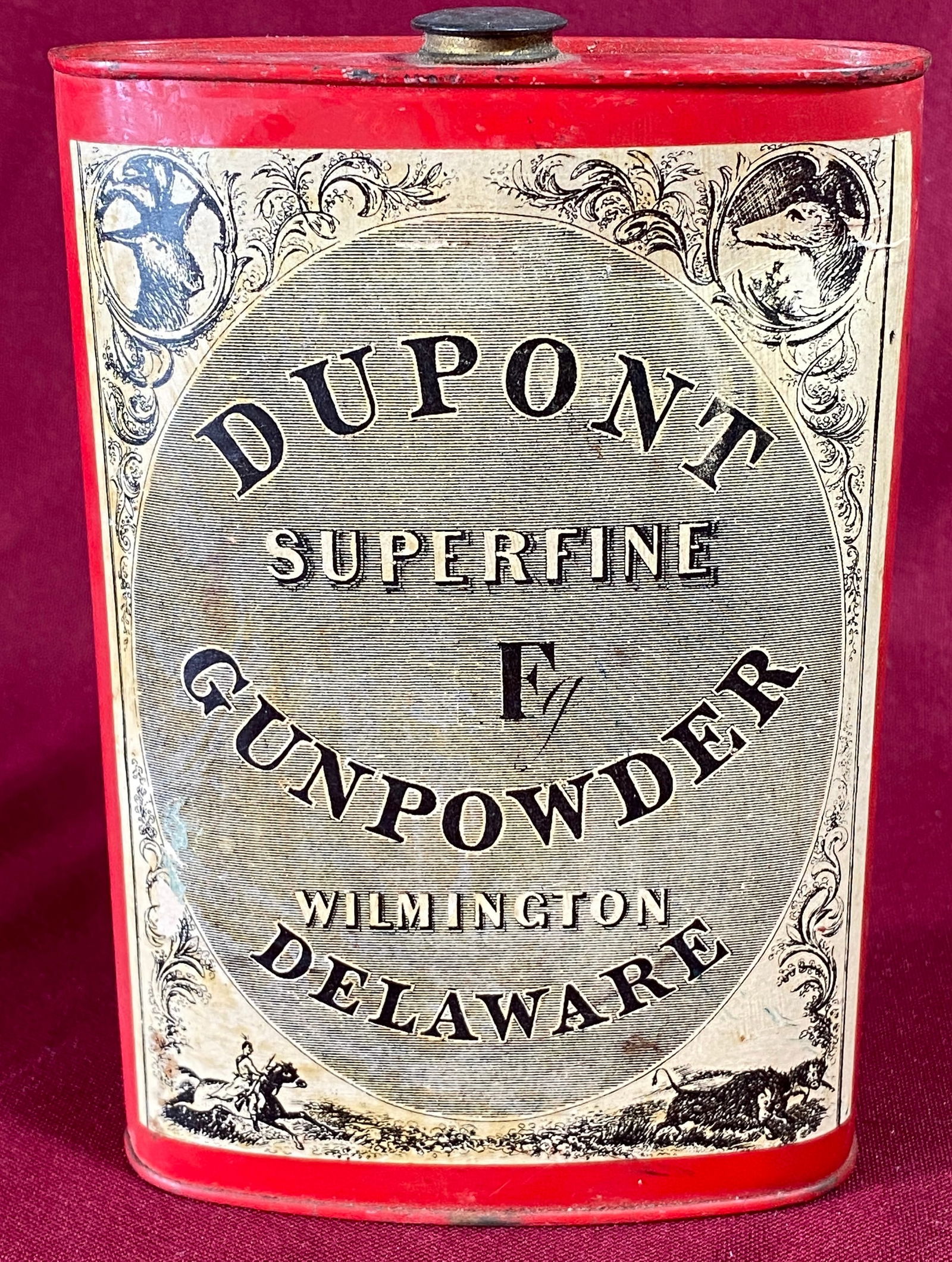 DuPont Superfine Fg Gunpowder Advertising Tin Flask: DuPont Superfine Fg Gunpowder Advertising Tin Flask