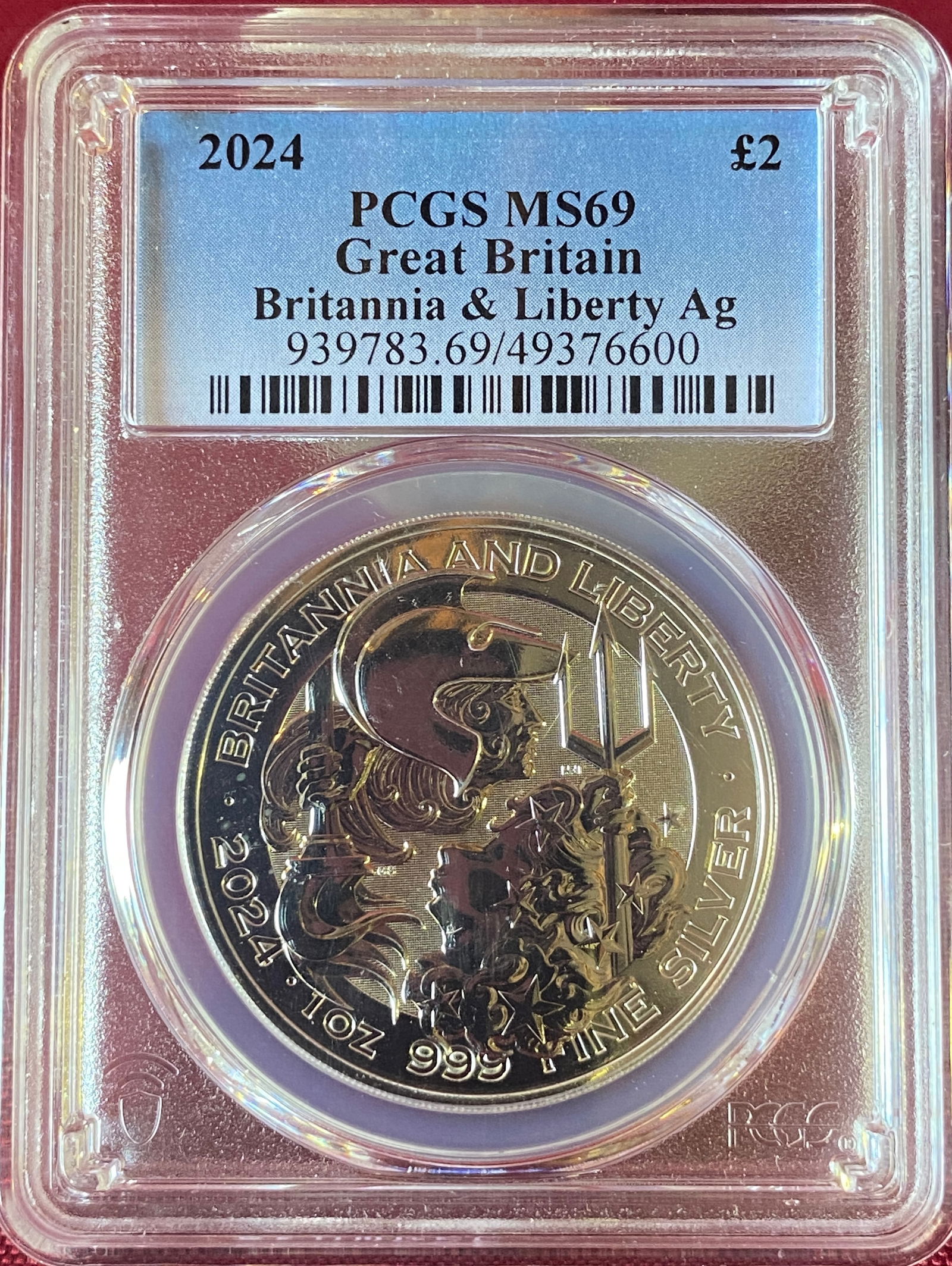 Graded 2024 G. Britain One Ounce .999 Fine Silver 2 Pound Coin - MS69 by PCGS: Graded 2024 G. Britain One Ounce .999 Fine Silver 2 Pound Coin - MS69 by PCGS