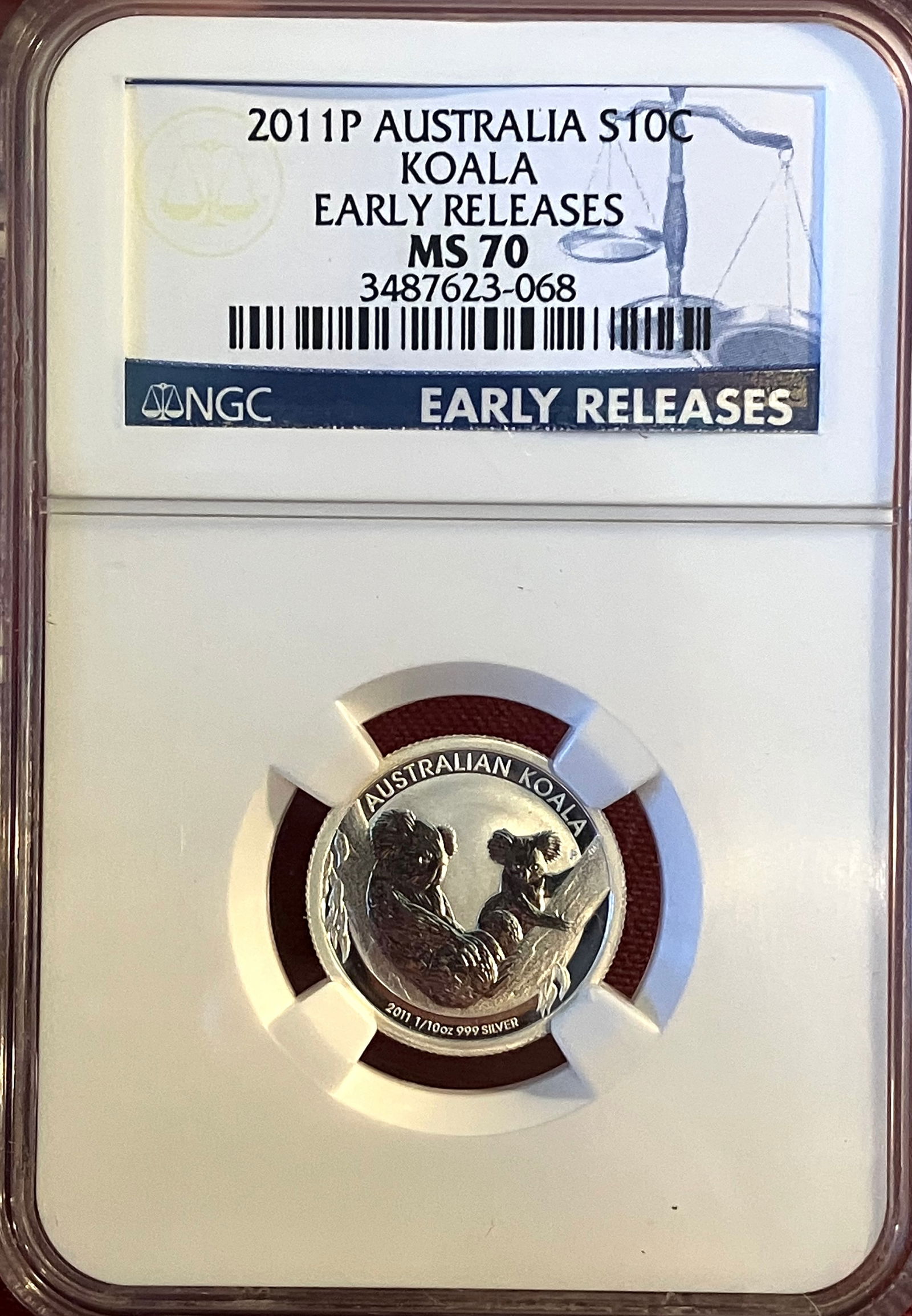 Graded 2011-P Australia 1/10 oz .999 Fine Silver 10 Cent Coin - MS70 by PCGS: Graded 2011-P Australia 1/10 oz .999 Fine Silver 10 Cent Coin - MS70 by PCGS