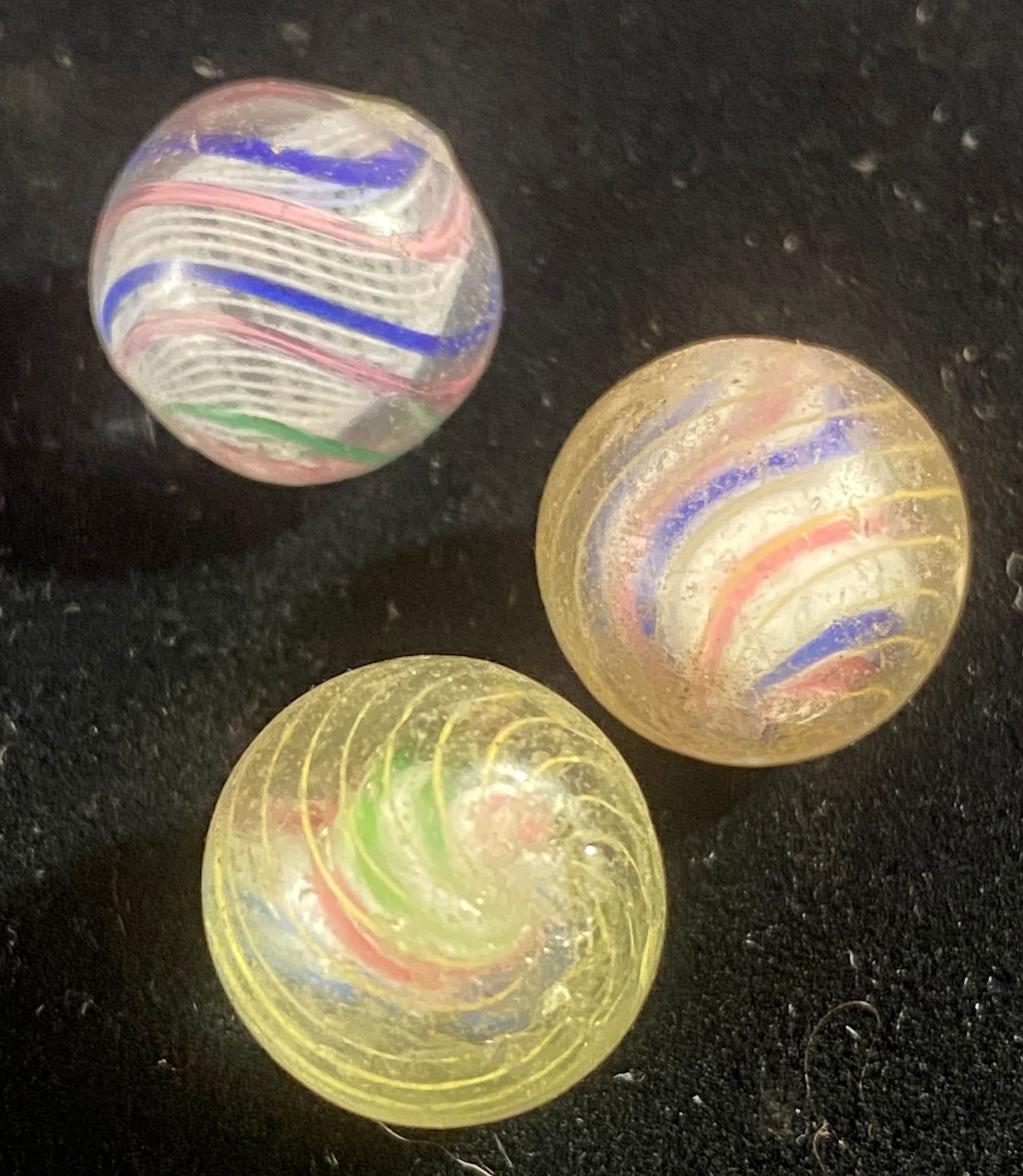 Three Antique German Marbles - Various Types - Believed to be Latticinio and Solid Core Ribbon Core: Three Antique German Marbles - Various Types - Believed to be Latticinio and Solid Core Ribbon Core