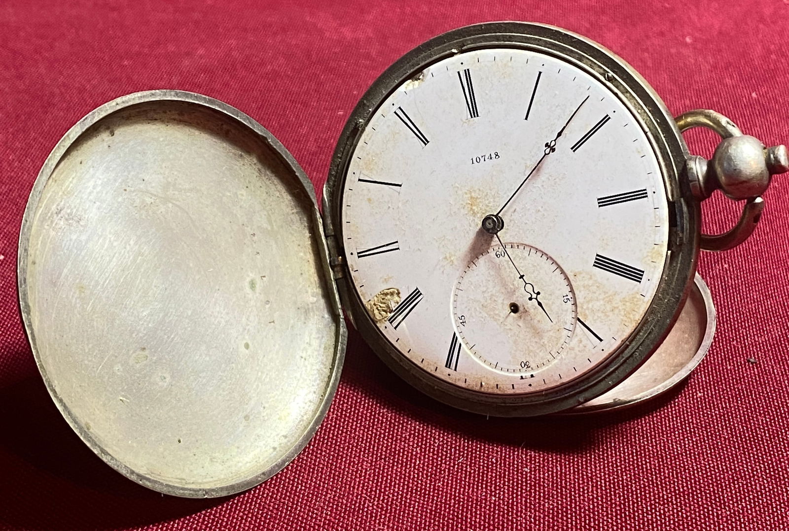 Older Pocket Watch with Serial #10748 - Marked 'Paul Baillod From Loche' (Switzerland) - Etching of: Older Pocket Watch with Serial #10748 - Marked 'Paul Baillod From Loche' (Switzerland) - Etching of Knight Helmet, Spear, Sword, Shield, Etc. - Missing Glass and Second Hand