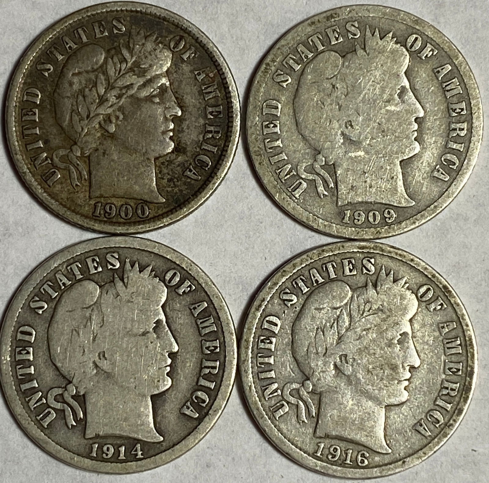 Four Barber Silver Dimes - 1900, 1909, 1914-D, 1916: Four Barber Silver Dimes - 1900, 1909, 1914-D, 1916