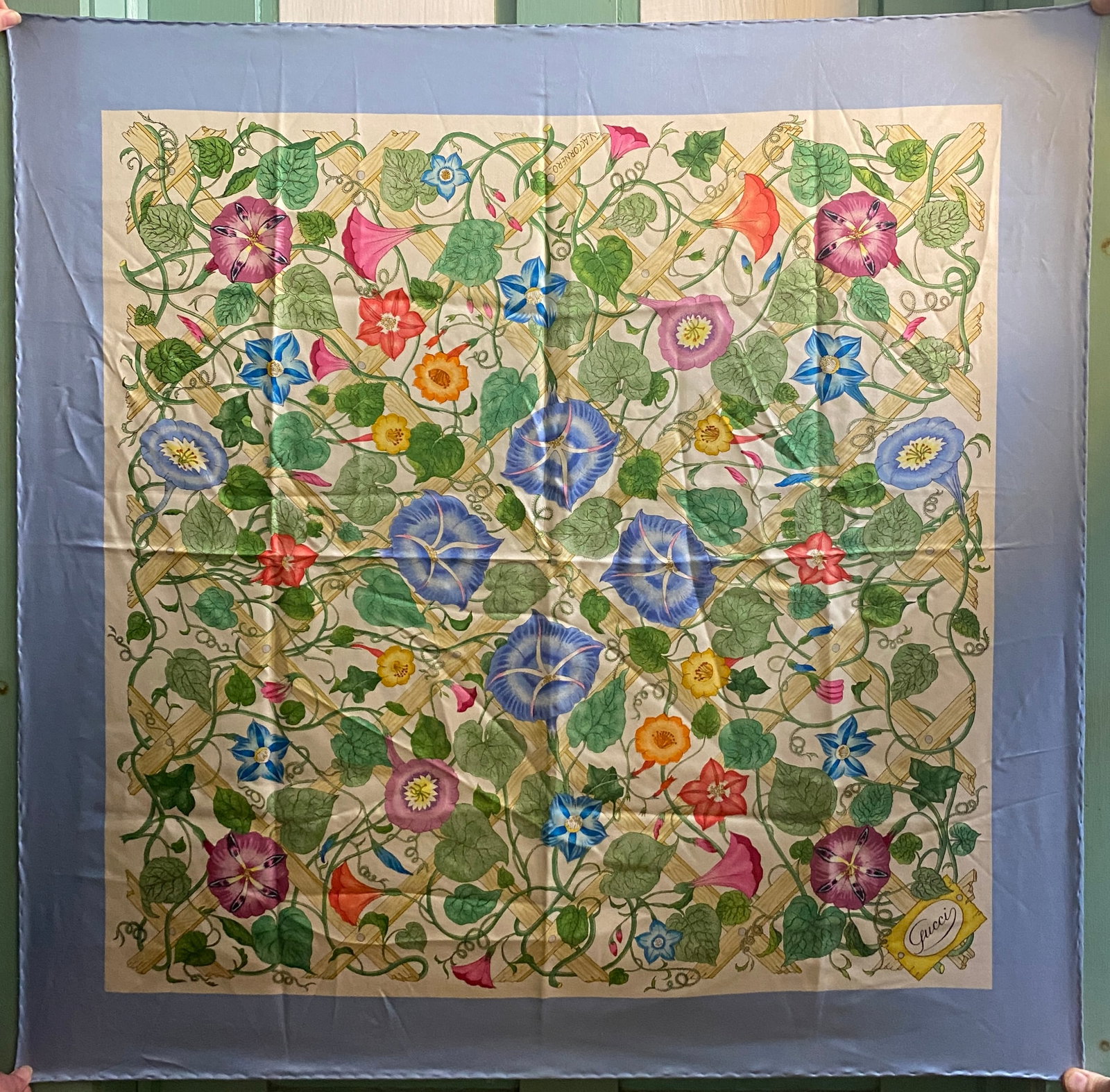 Vintage Gucci Silk Scarf with Lattice and Morning Glory Florals with Blue Border - 34": Vintage Gucci Silk Scarf with Lattice and Morning Glory Florals with Blue Border - 34"