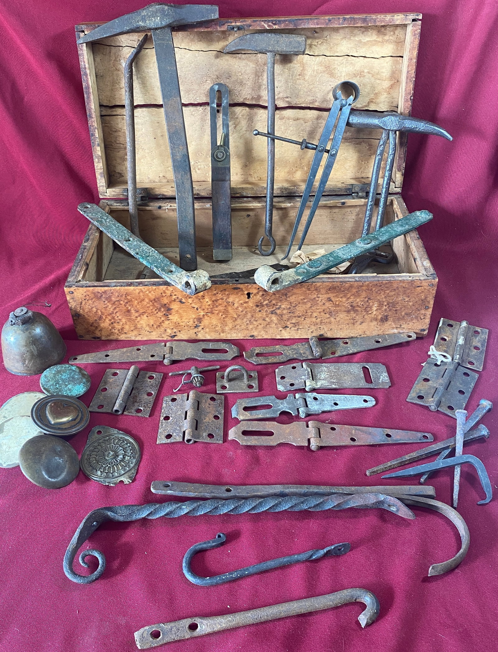 Burl Wood Box with Antique Tools, Door Hardware, Bell, and Horse Medallions - No Hinges to Box Cover: Burl Wood Box with Antique Tools, Door Hardware, Bell, and Horse Medallions - No Hinges to Box Cover & Crack in Top - Absolutely NO Shipping