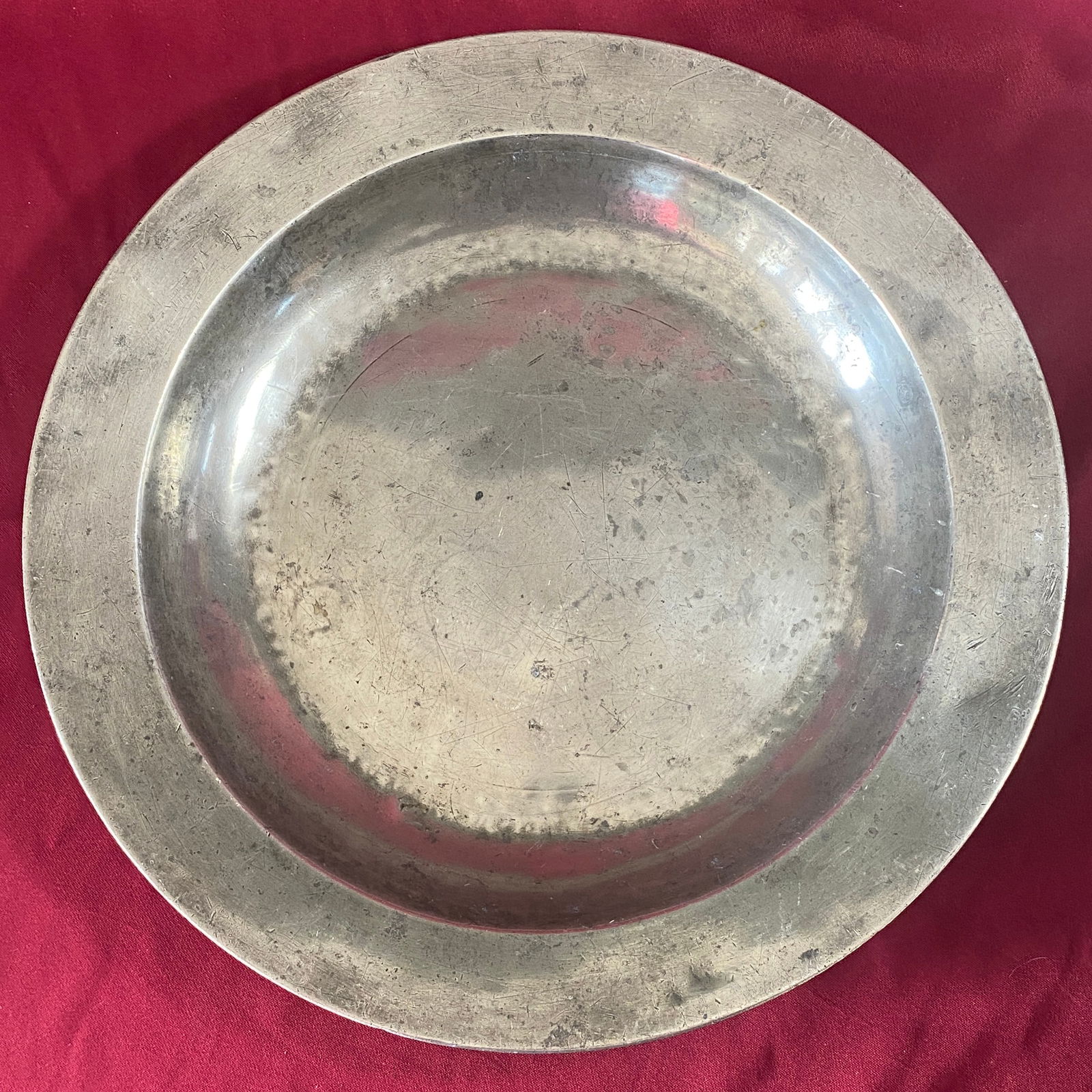 Antique Pewter Serving 16" Bowl - Marked with M _ & E _ Initials & Touchmarks (Believed to Read: Antique Pewter Serving 16" Bowl - Marked with M _ & E _ Initials & Touchmarks (Believed to Read _leming & May__)