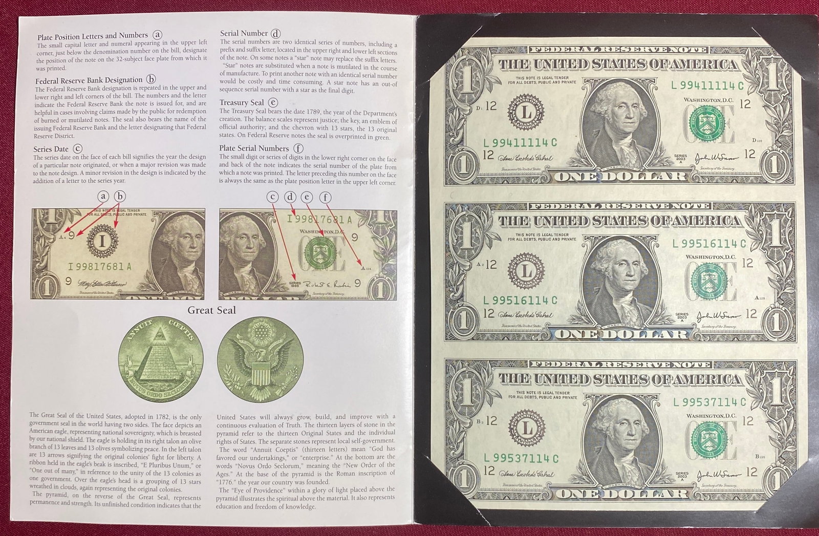 Three Uncut Series 2003A One Dollar Note Folio: Three Uncut Series 2003A One Dollar Note Folio