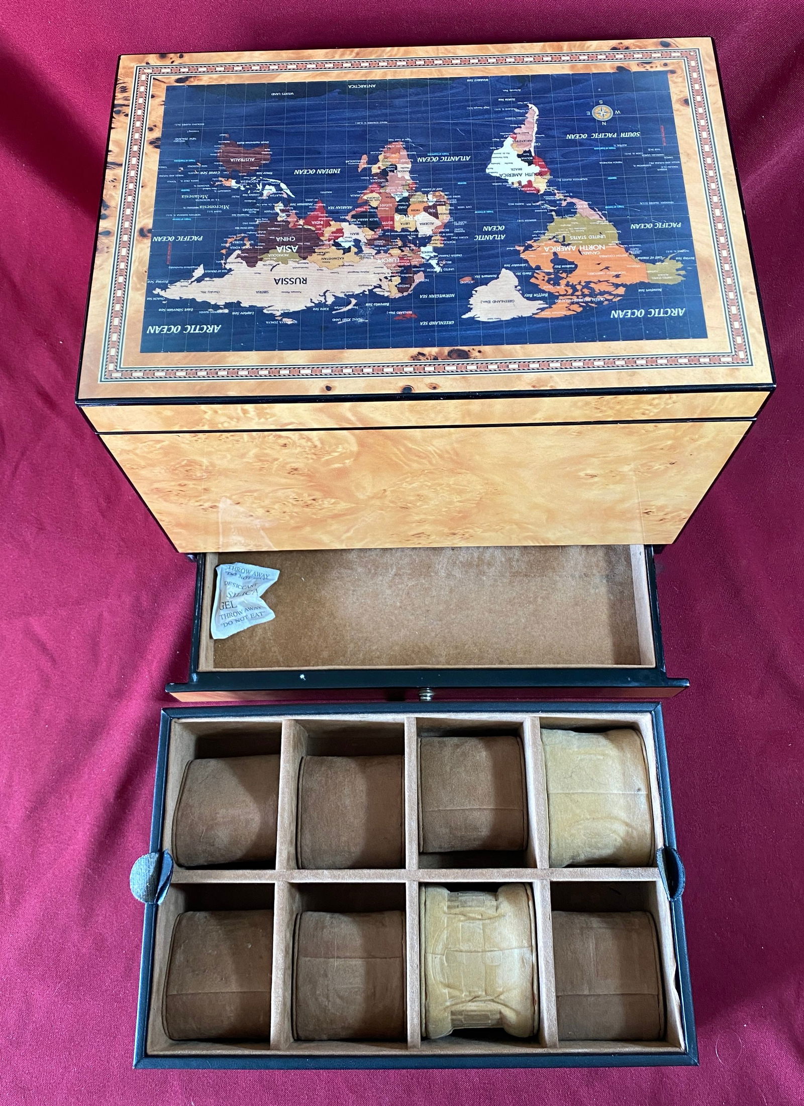 World Map Lacquered Watch Jewelry Box with Drawer: World Map Lacquered Watch Jewelry Box with Drawer