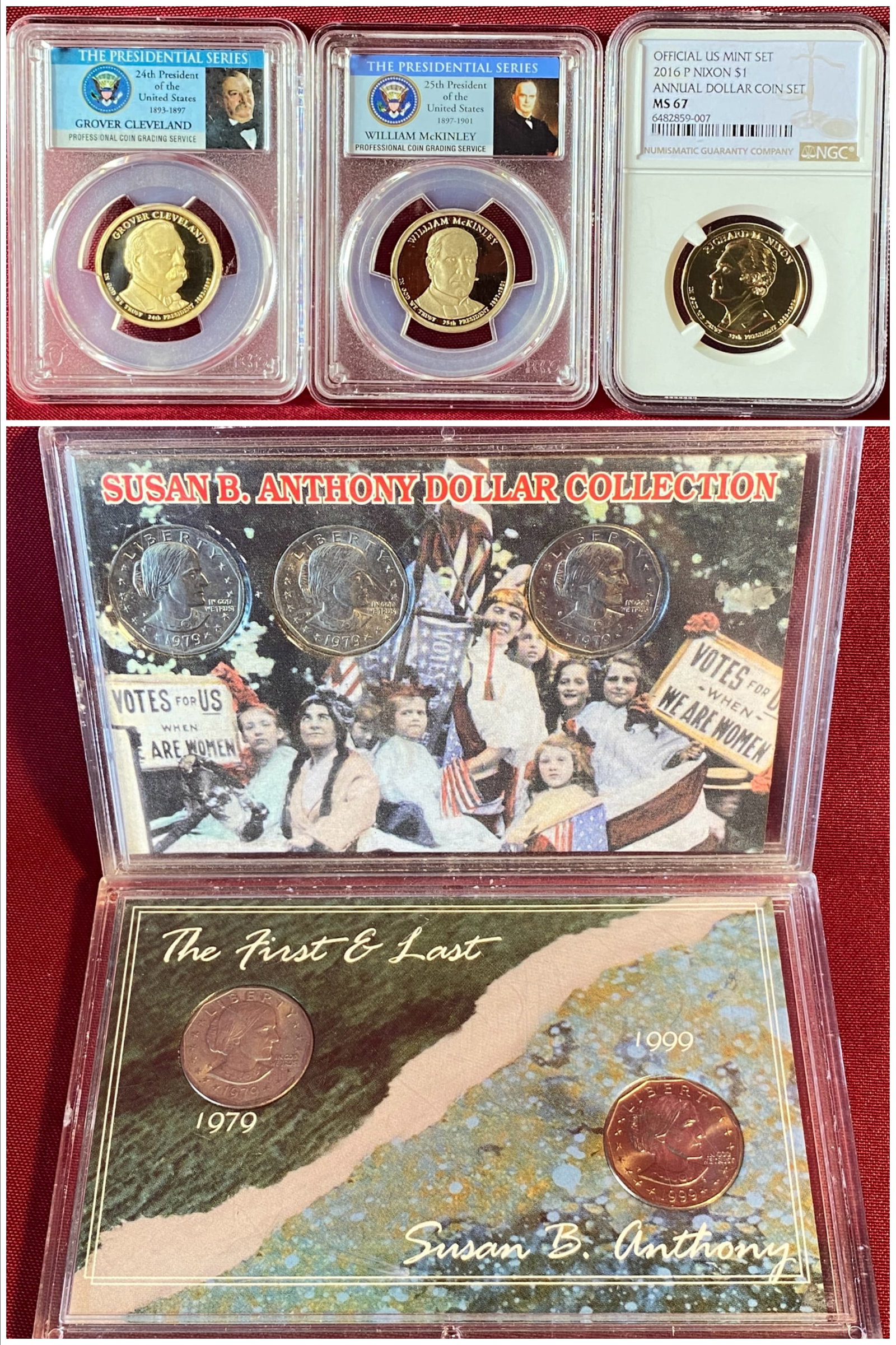 Assorted U.S. Dollar Coins - Three Graded Presidential Dollars - 2012-S Cleveland PR69DCAM by PCGS,: Assorted U.S. Dollar Coins - Three Graded Presidential Dollars - 2012-S Cleveland PR69DCAM by PCGS, 2013-S McKinley PR69DCAM by PCGS, 2016-P Nixon MS67 by NGC & Two Susan B. Anthony Coin Sets - 1979 M