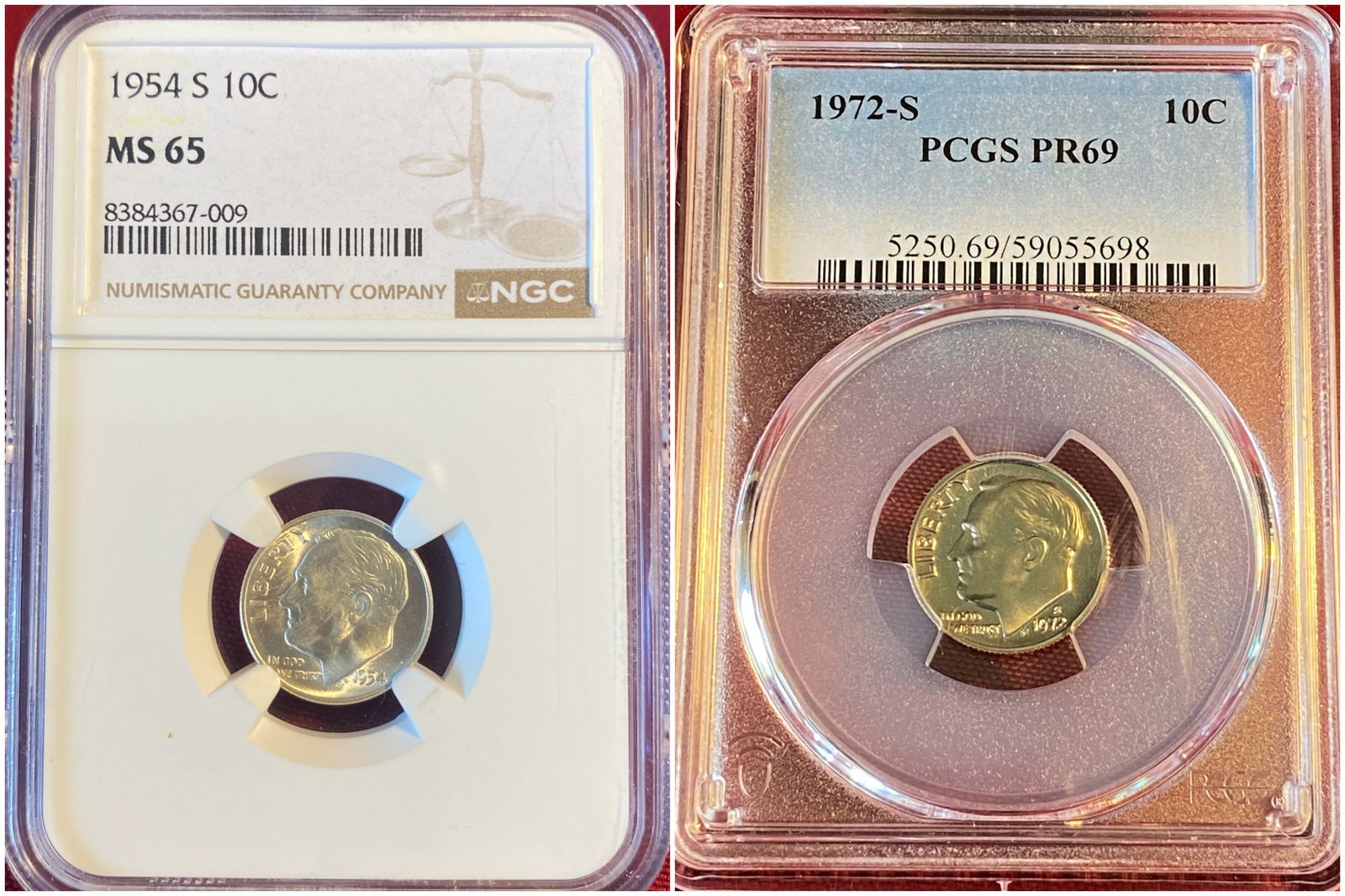 Two Graded Roosevelt Silver Dimes - 1954-S MS65 by NGC & 1972-S PR69 by PCGS: Two Graded Roosevelt Silver Dimes - 1954-S MS65 by NGC & 1972-S PR69 by PCGS