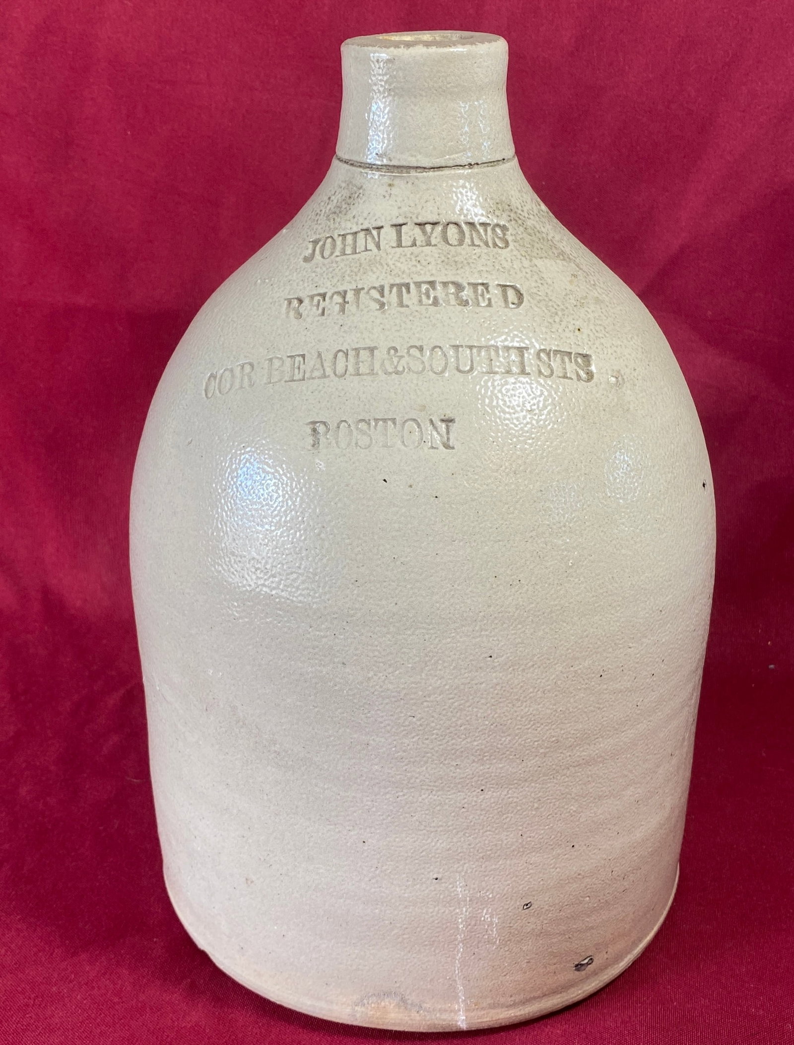Stoneware Jug Marked 'John Lyons Registered Cor Beach & South Sts Boston': Stoneware Jug Marked 'John Lyons Registered Cor Beach & South Sts Boston'