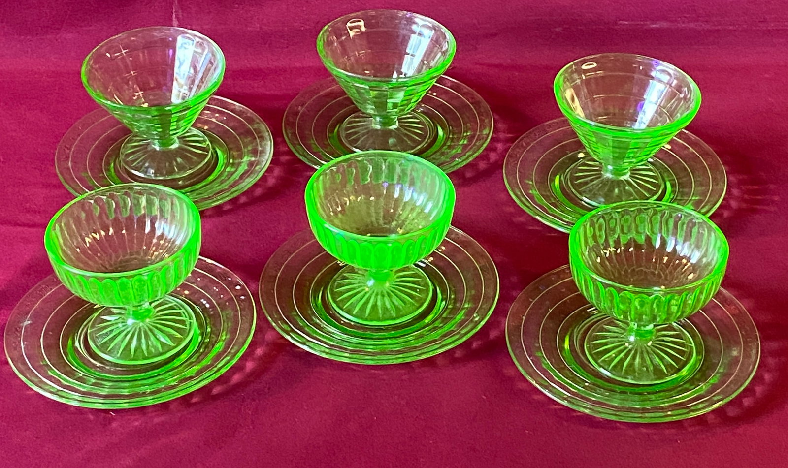 Assorted Uranium Glass Pieces - (6) Plates and (6) Various Desert/Sherbet Footed Dished - Glass: Assorted Uranium Glass Pieces - (6) Plates and (6) Various Desert/Sherbet Footed Dished - Glass Block, Ribbed