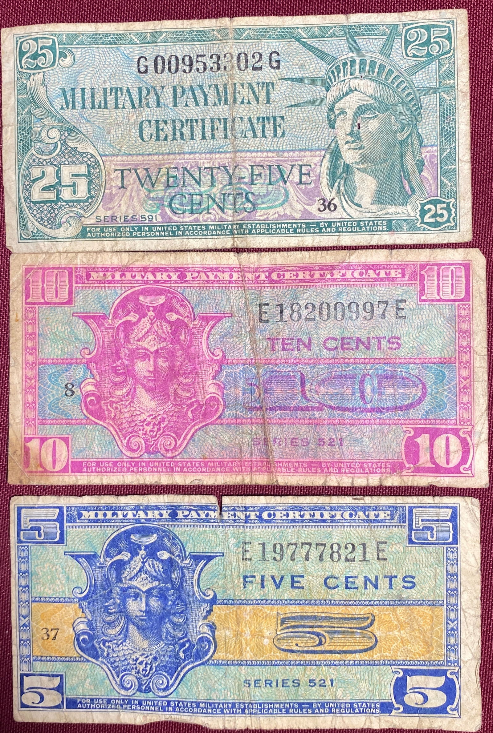 Three Older Military Paper Payment Certificates - 5, 10, & 25 Cent: Three Older Military Paper Payment Certificates - 5, 10, & 25 Cent