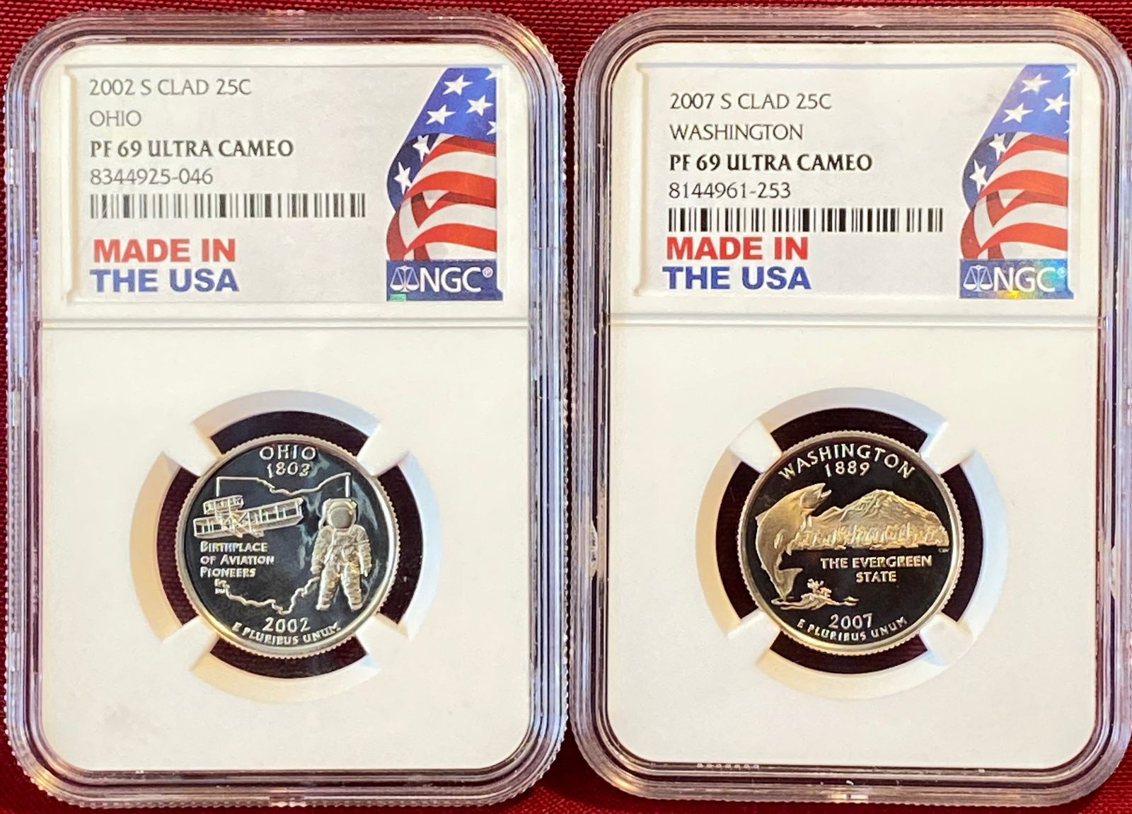 Two NGC Graded Silver Clad State Quarters - 2002-S Ohio & 2007-S Washington - Both PF69 Ultra Cameo: Two NGC Graded Silver Clad State Quarters - 2002-S Ohio & 2007-S Washington - Both PF69 Ultra Cameo