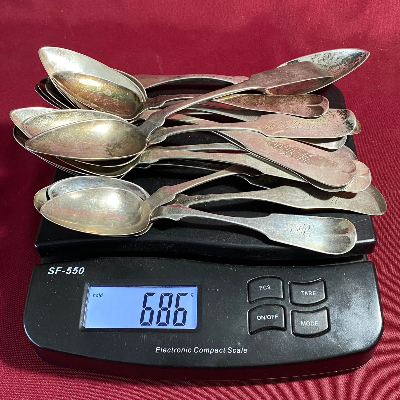 Coin Silver (686 Grams) Serving Spoons & Tablespoons - Root, Chaffee & Baird - J & W Moir: Coin Silver (686 Grams) Serving Spoons & Tablespoons - Root, Chaffee & Baird - J & W Moir - Pear & Brother Boston - A.G. Reed & Co. Nashua - J.J. Hall (P.B.M.) - Farrington & Hunnewell Boston - W.M Ro