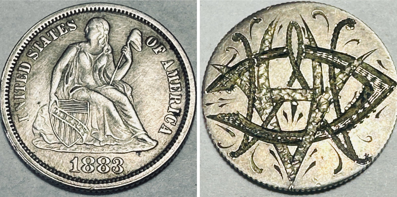 1883 Seated Liberty Dime - Love Token/Hobo Art Back Design: 1883 Seated Liberty Dime - Love Token/Hobo Art Back Design