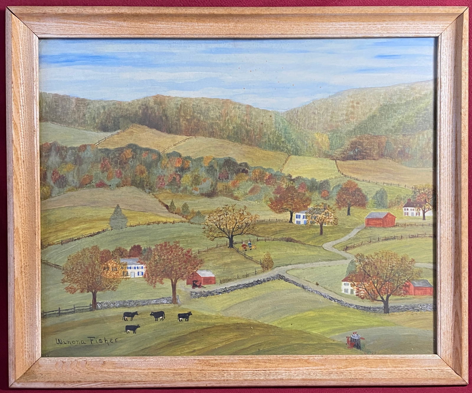 Grandma Moses' Daughter Winona Fisher Framed Oil Painting - Folk-Art Style Landscape 'Fall Afternoon (1 of 9)