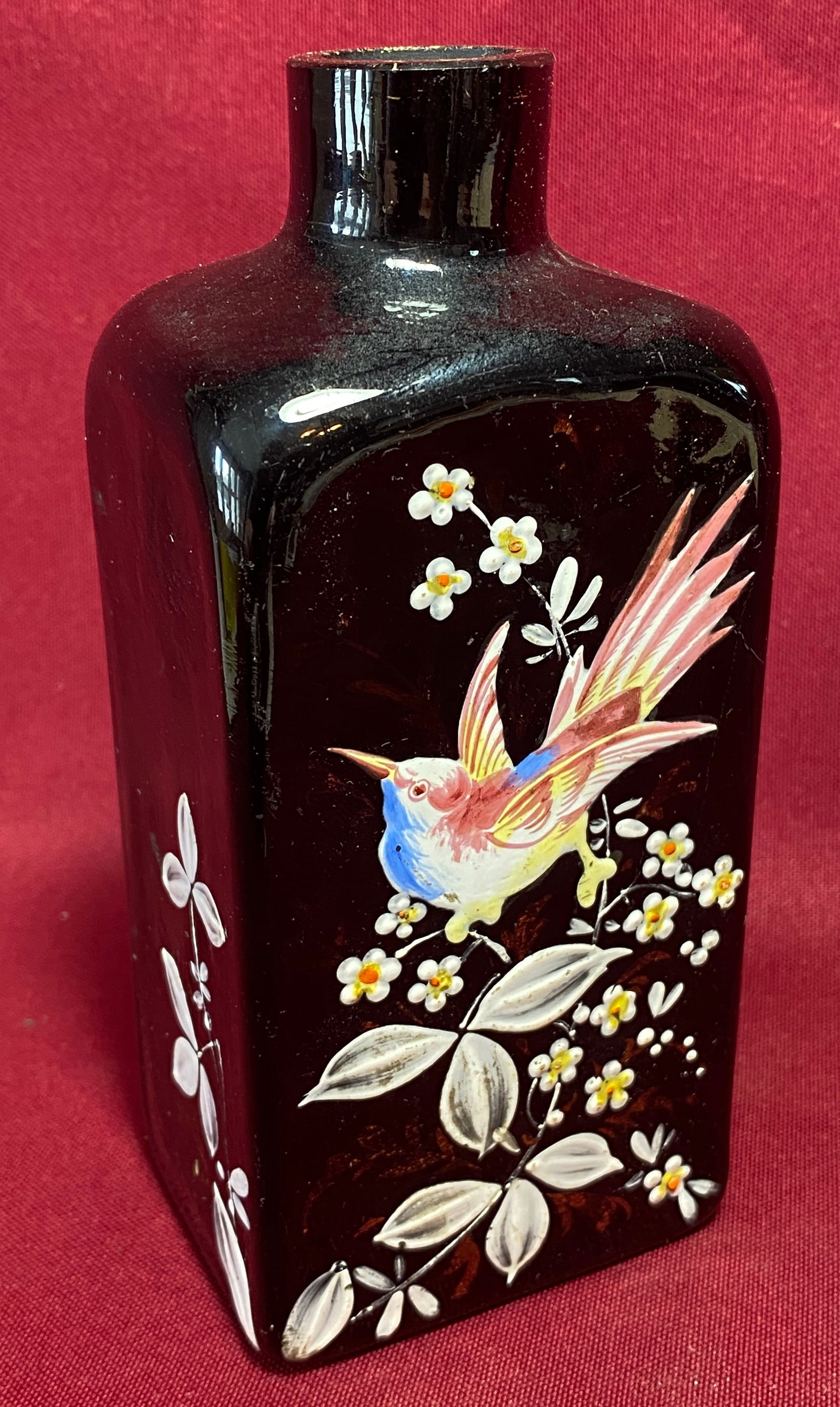 Antique Hand-Painted Enamel Bird & Floral Scene: Antique Hand-Painted Enamel Bird & Floral Scene