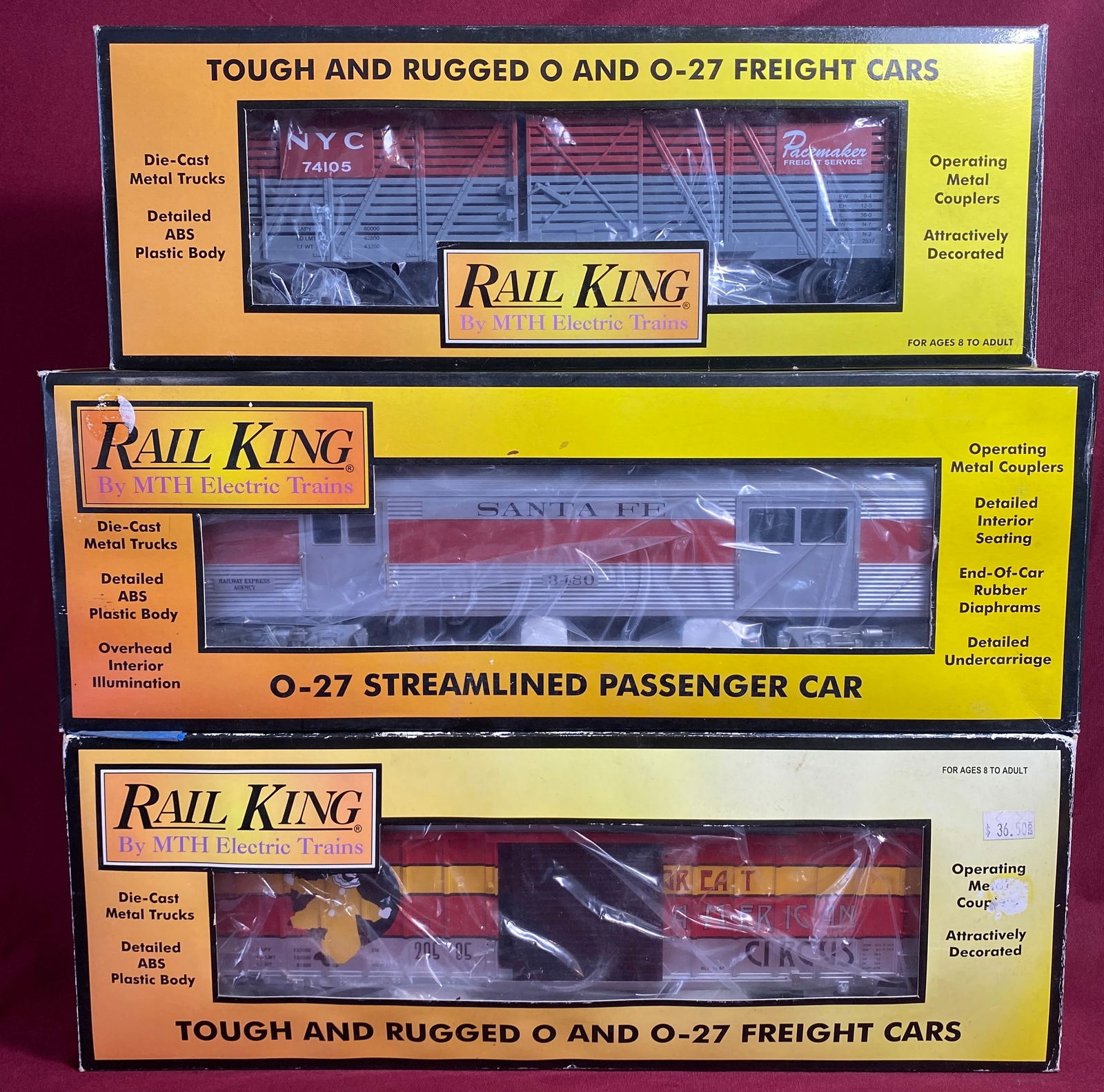 Three Rail King O & O-27 by MTH Trains Circus No. 30-74281, NY Central No. 30-7112, & Streamline (1 of 8)