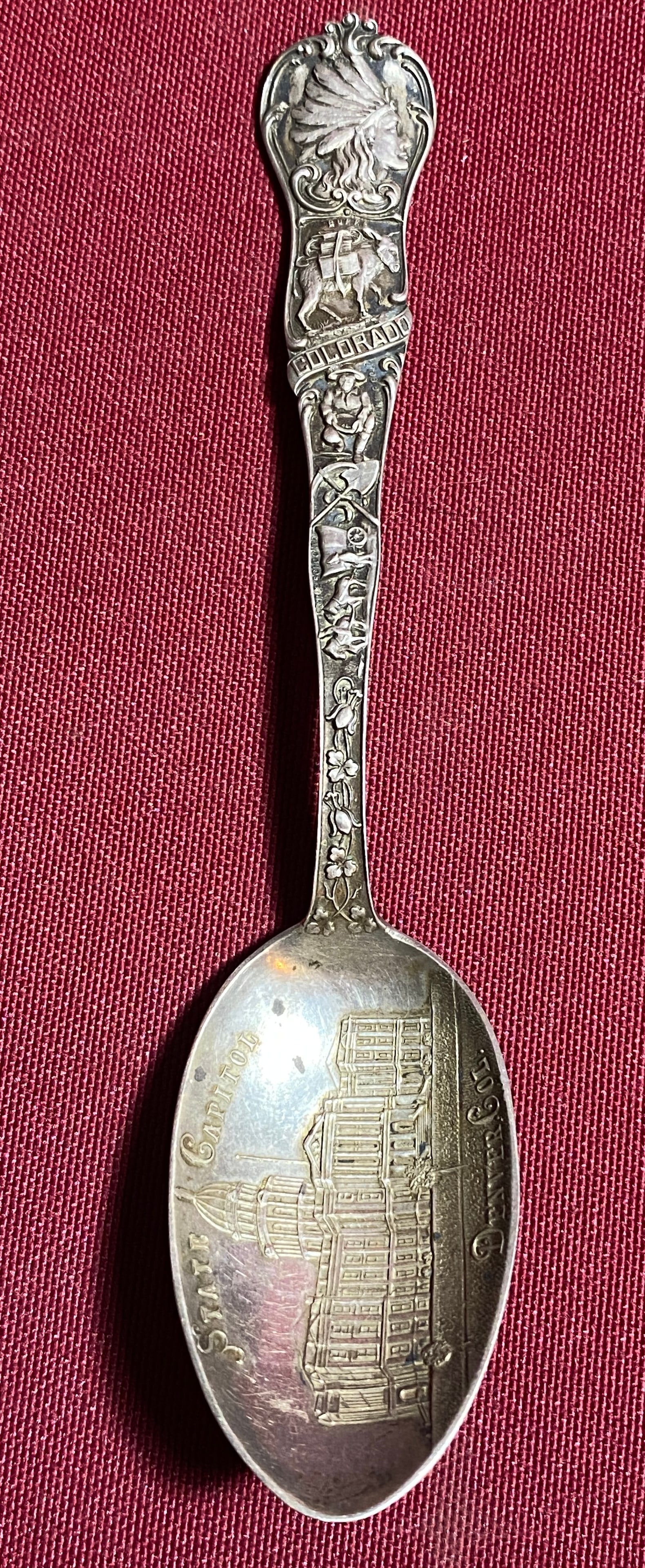 Sterling Silver Colorado Souvenir Spoon - Indian Chief, Panning Gold, Prairie Schooner, State (1 of 10)